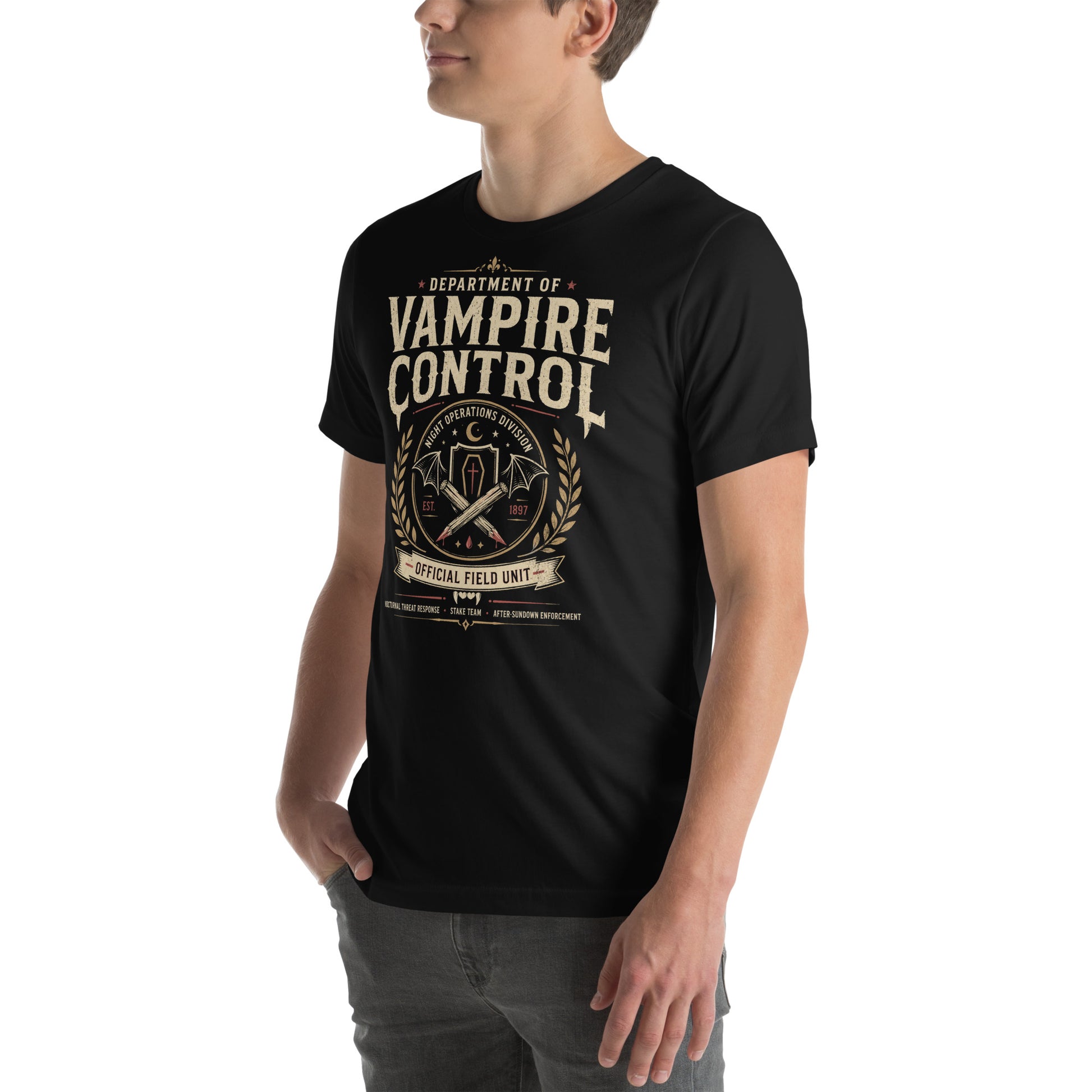 Retro vampire hunter t-shirt featuring crossed wooden stakes, bat wings, coffin symbol, fangs, and night operations division details