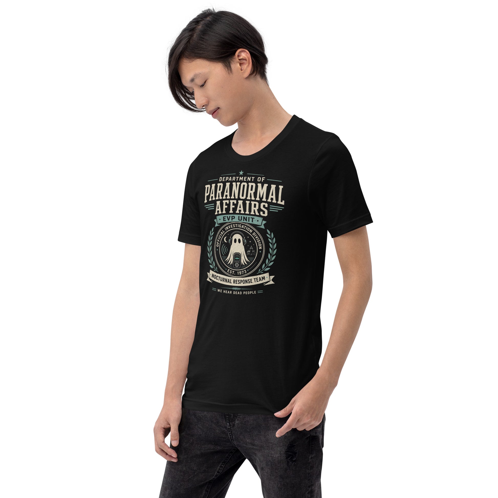 Male lifestyle mockup wearing black Department of Paranormal Affairs t-shirt with EVP ghost hunting graphic by Cinderpoint Studios