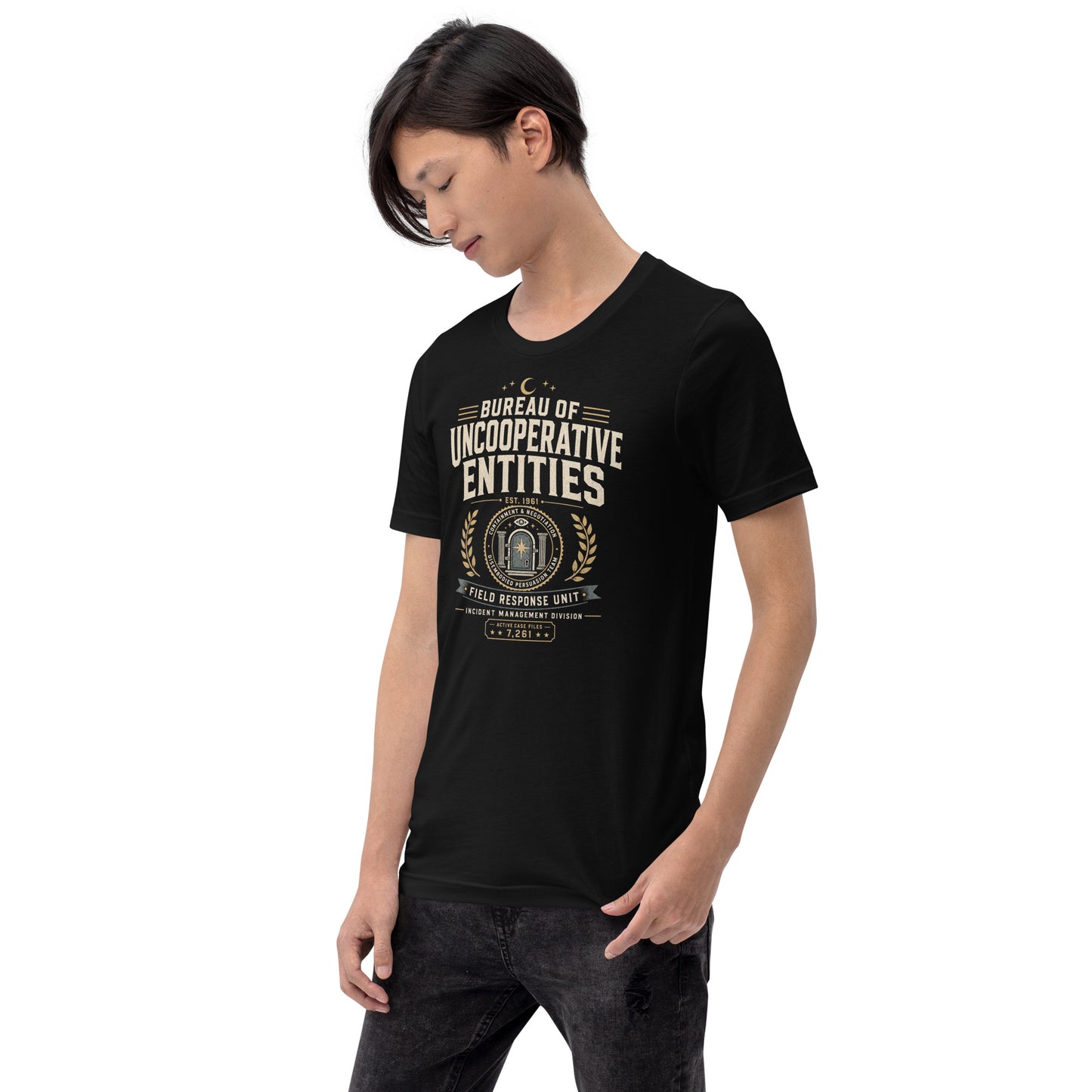 Retro occult t-shirt featuring Bureau of Uncooperative Entities text, containment and negotiation seal, and incident management division details