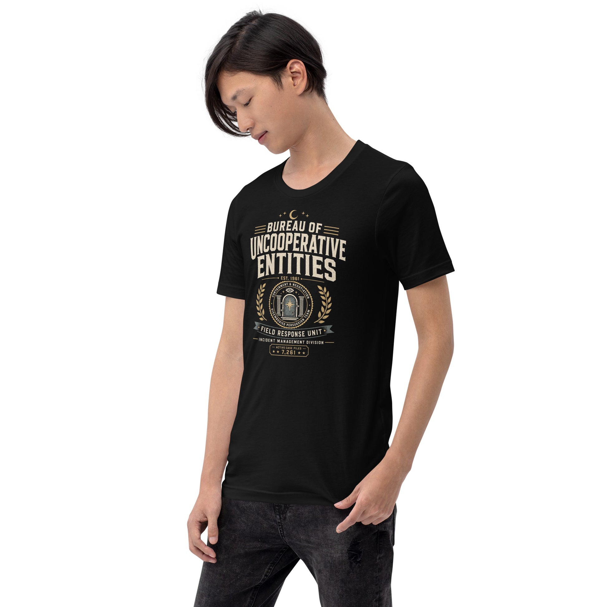 Retro occult t-shirt featuring Bureau of Uncooperative Entities text, containment and negotiation seal, and incident management division details