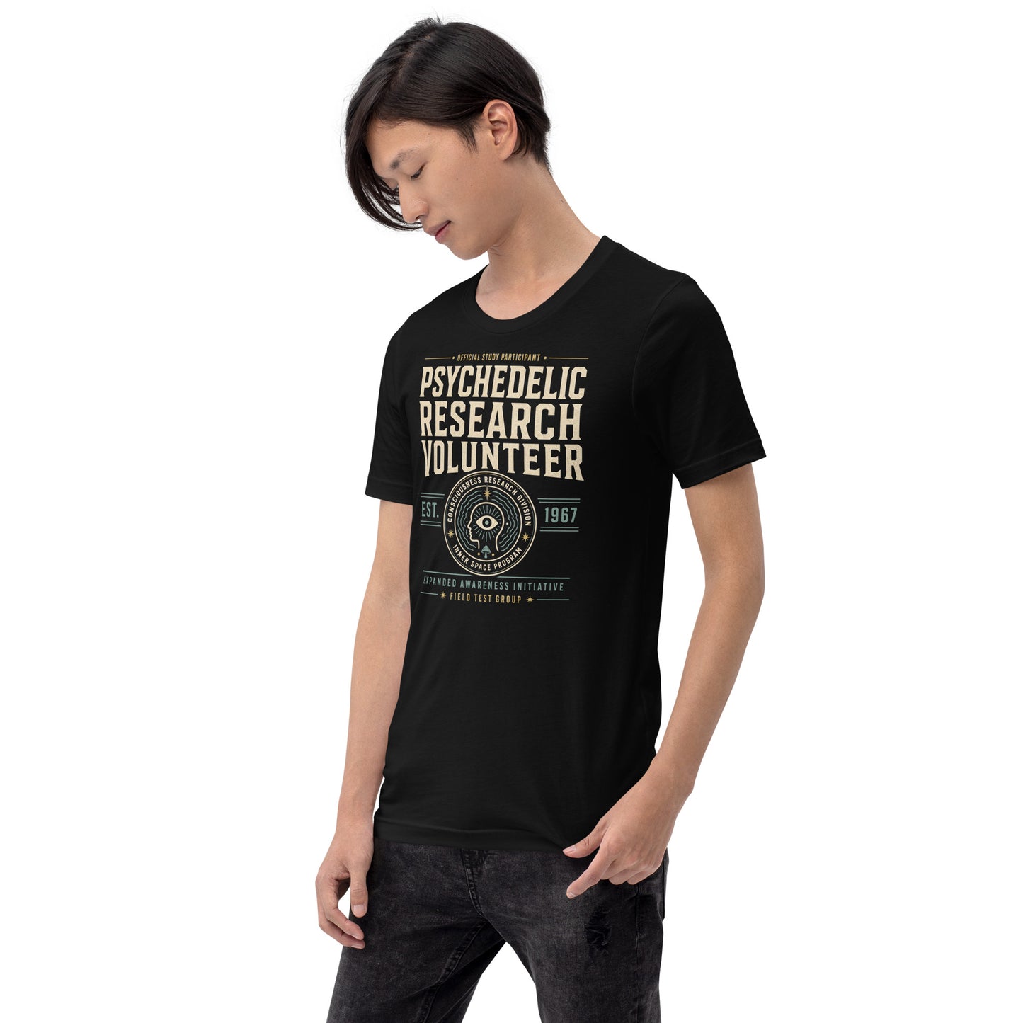 Black graphic tee with Psychedelic Research Volunteer retro study-program design by Cinderpoint Studios