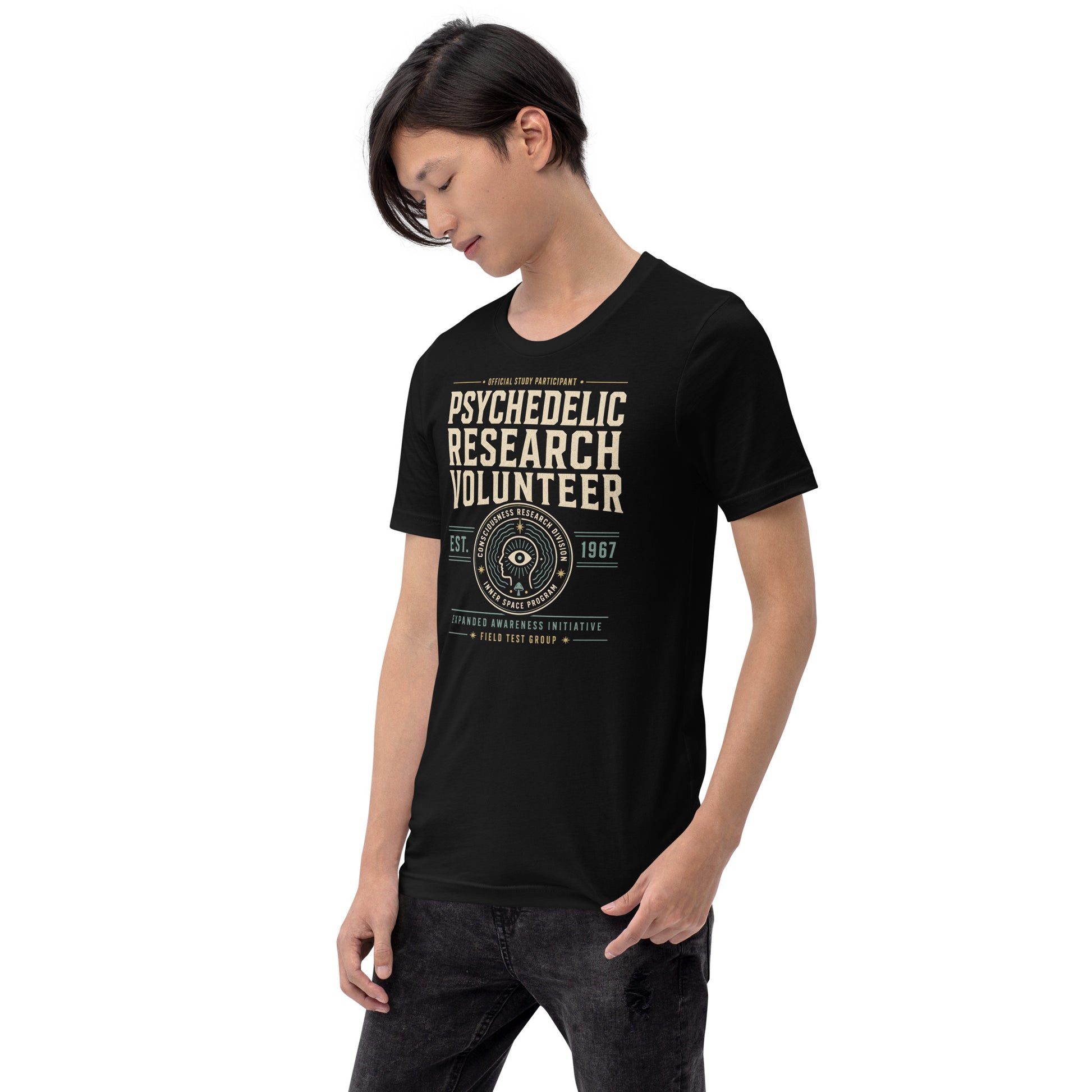 Black graphic tee with Psychedelic Research Volunteer retro study-program design by Cinderpoint Studios