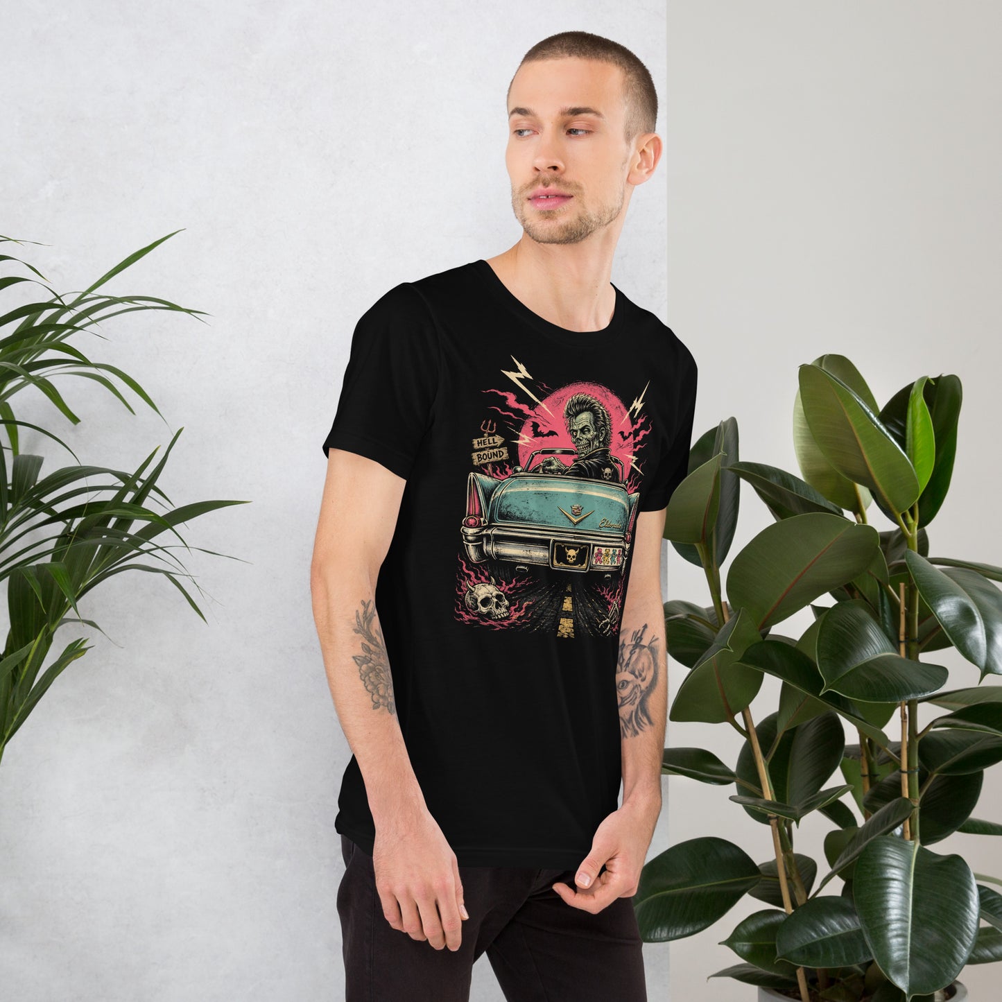  A retro graphic on a black t-shirt featuring a horror punk zombie driver and the rear end of a vintage Cadillac with grateful dead bumper sticker