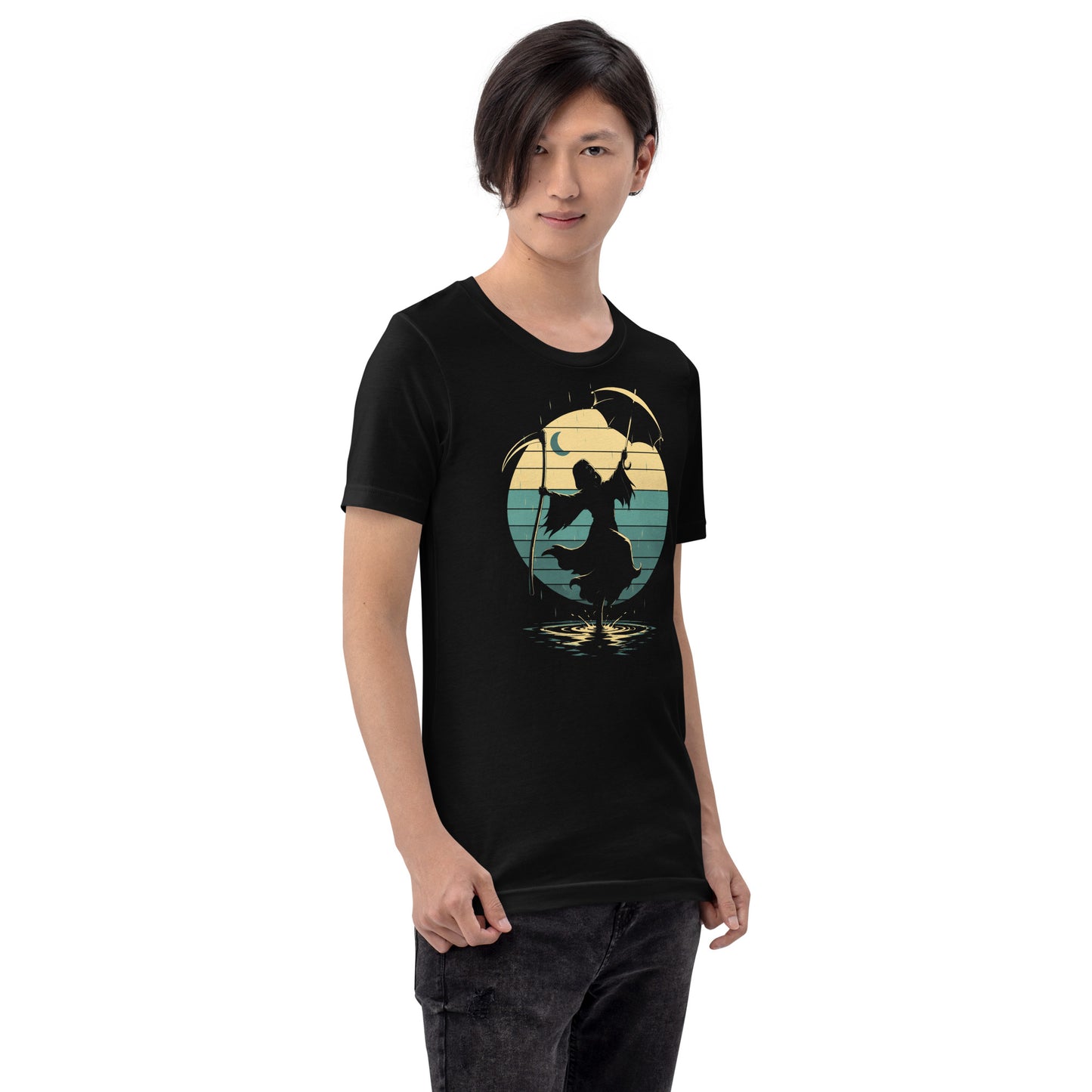 A retro-style graphic t-shirt featuring the Grim Reaper in a tuxedo and top hat, holding an umbrella and dancing in the rain against a vibrant 1980s sunburst backdrop.