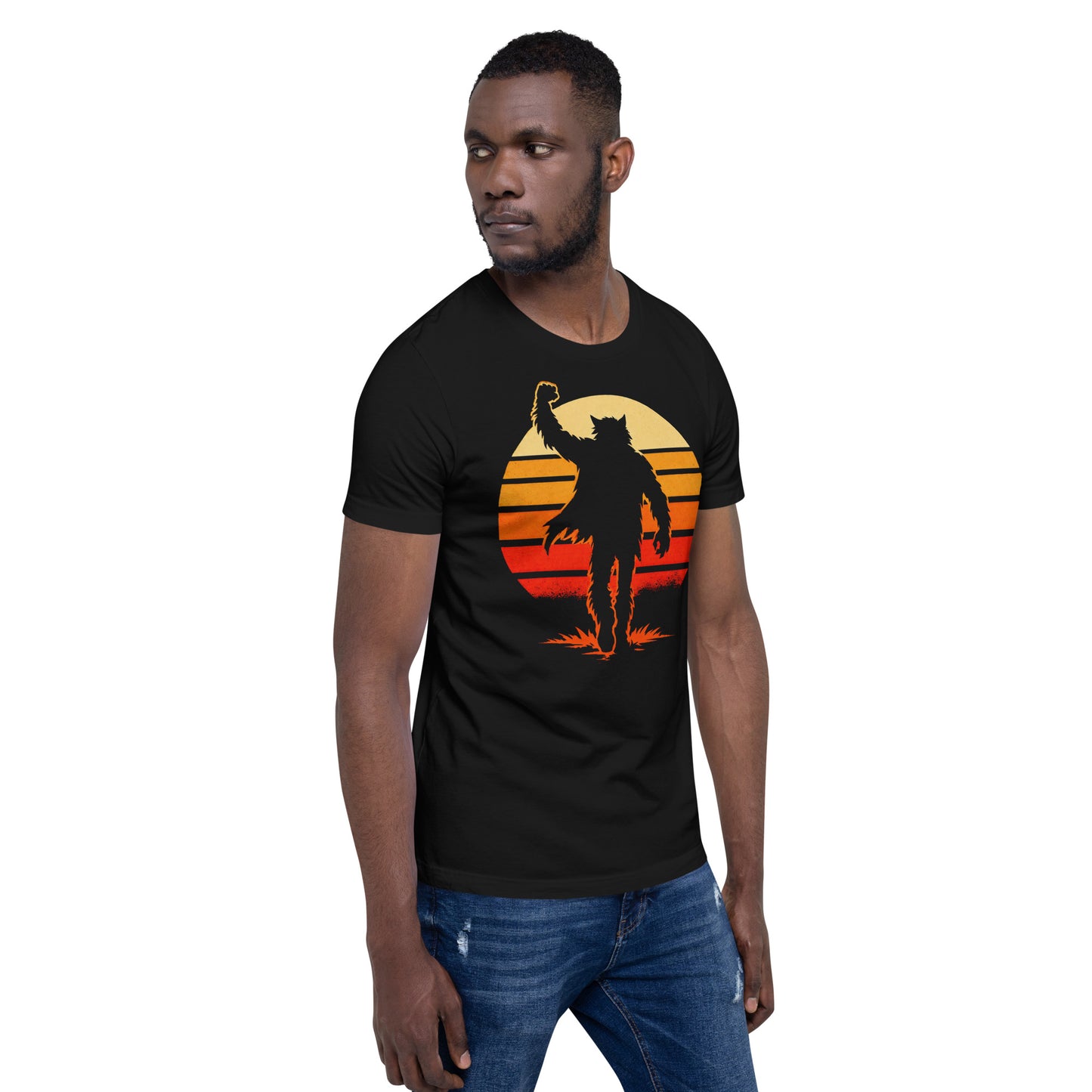 A retro-style graphic t-shirt featuring a werewolf version of Judd Nelson’s character from The Breakfast Club, raising a hairy fist in the air against a vibrant 80s sunburst.