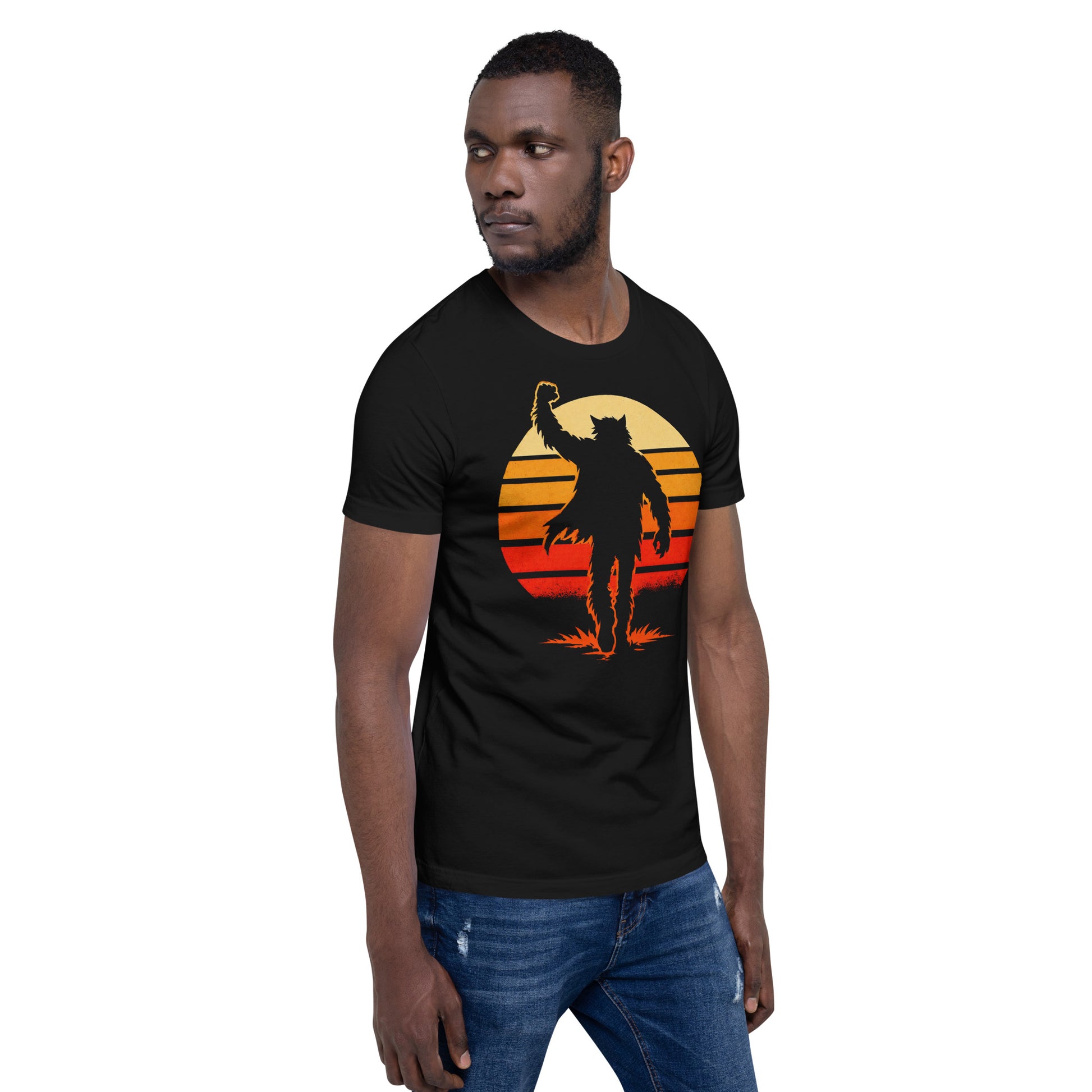 A retro-style graphic t-shirt featuring a werewolf version of Judd Nelson’s character from The Breakfast Club, raising a hairy fist in the air against a vibrant 80s sunburst.