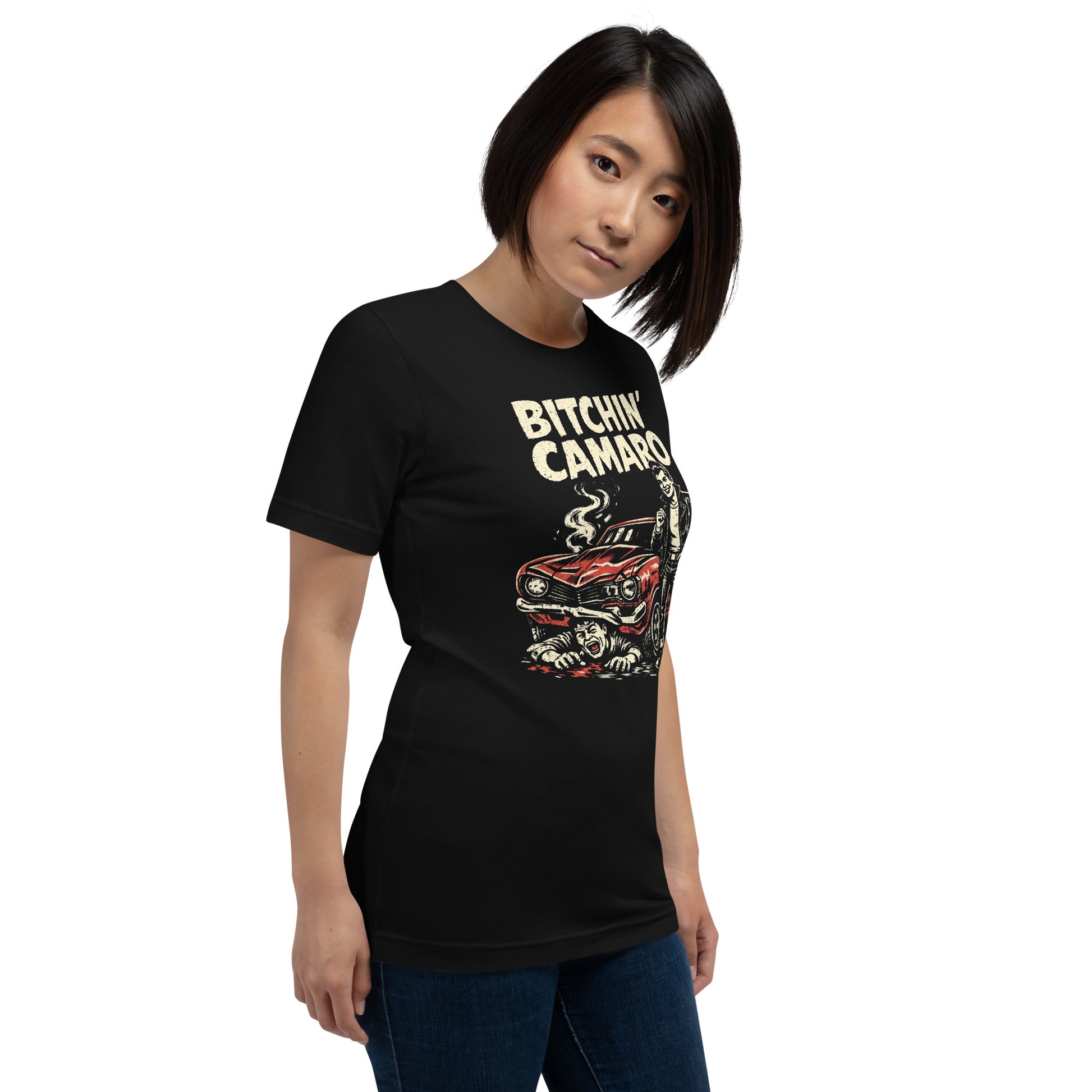 A retro-style graphic t-shirt featuring a stylized vintage Camaro muscle car with "Bitchin Camaro" in bold, distressed punk-rock lettering.