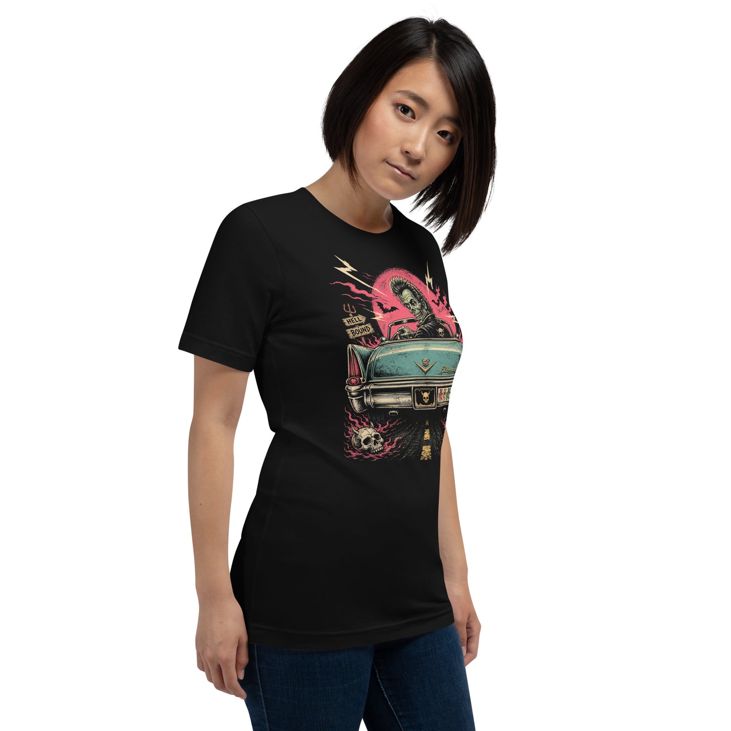  A retro graphic on a black t-shirt featuring a horror punk zombie driver and the rear end of a vintage Cadillac with grateful dead bumper sticker