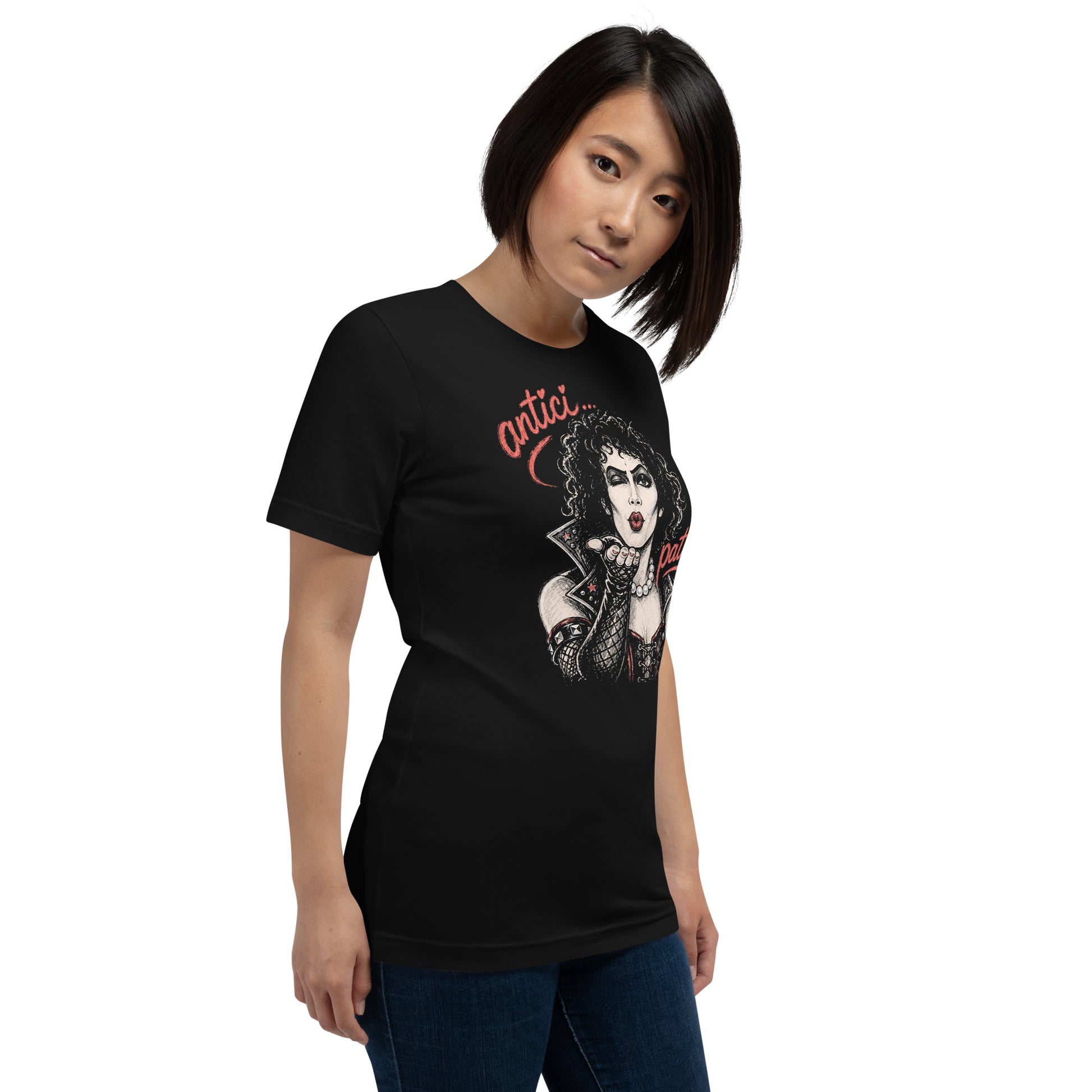 A gritty, high-contrast artistic portrait of Frank N. Furter on a black t-shirt, featuring his iconic curls and makeup with the word "ANTICIPATION" in distressed lipstick lettering.