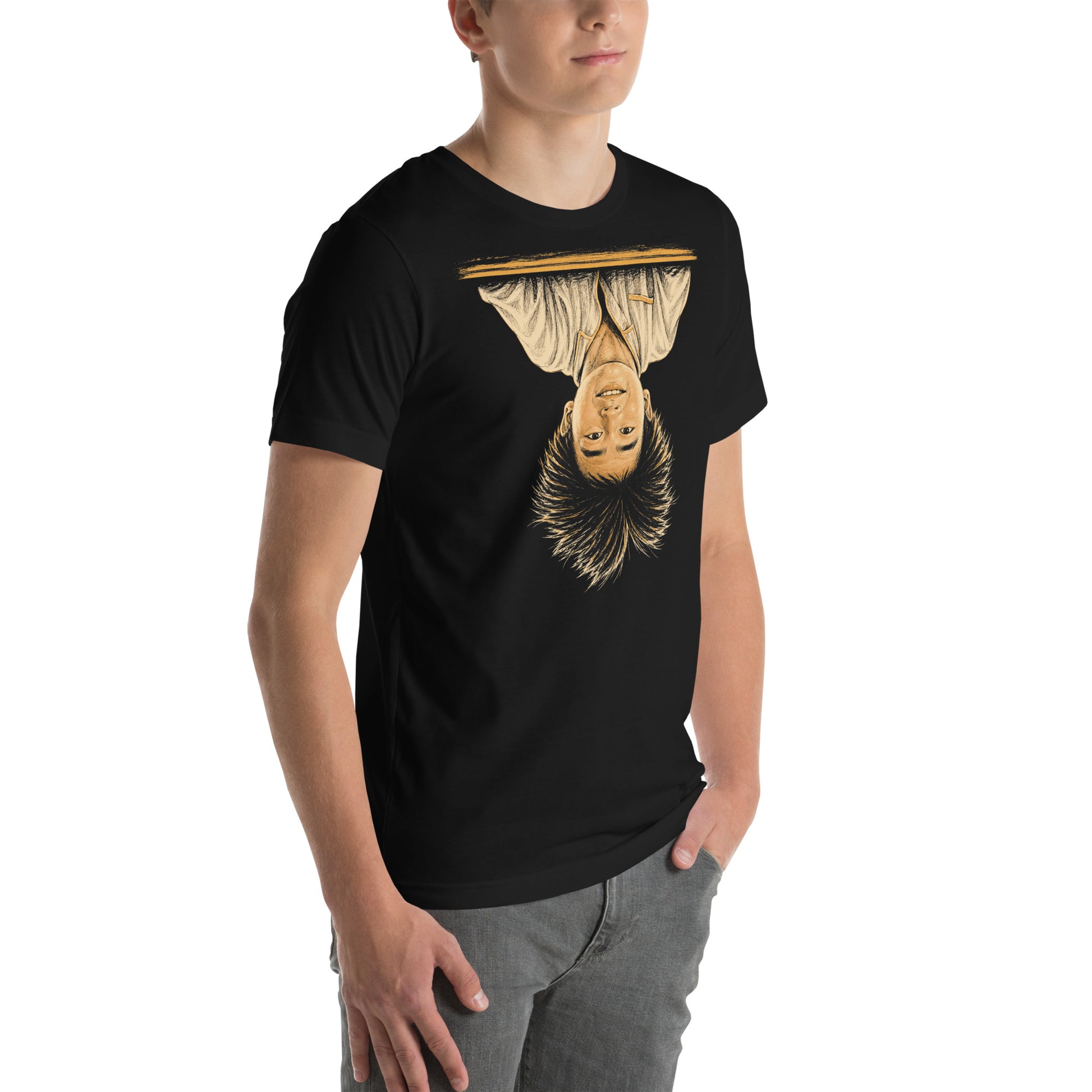 A black t-shirt featuring the iconic image of Long Duk Dong upside down from the scene "What's Happenin Hot Stuff" in the 80s comedy Sixteen Candles.