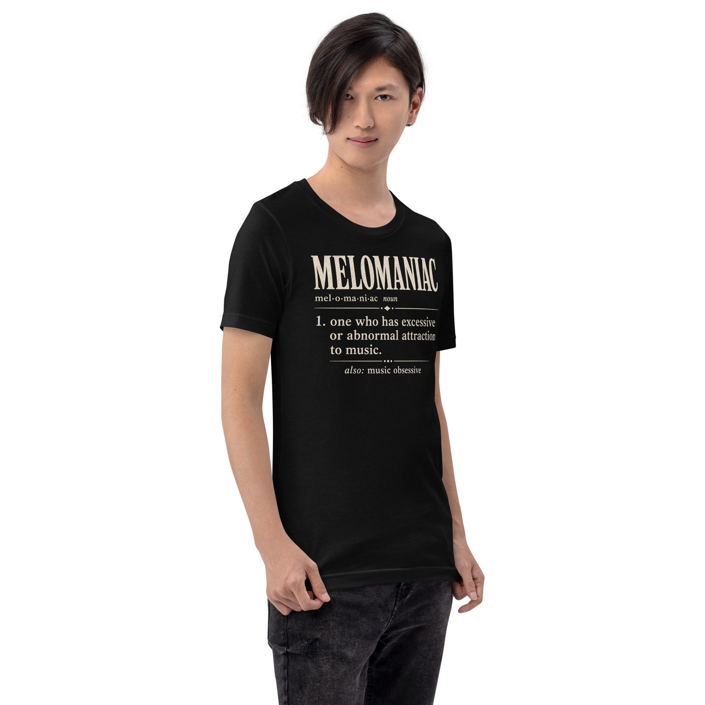 Model wearing black Melomaniac music lover t-shirt with vintage dictionary definition graphic