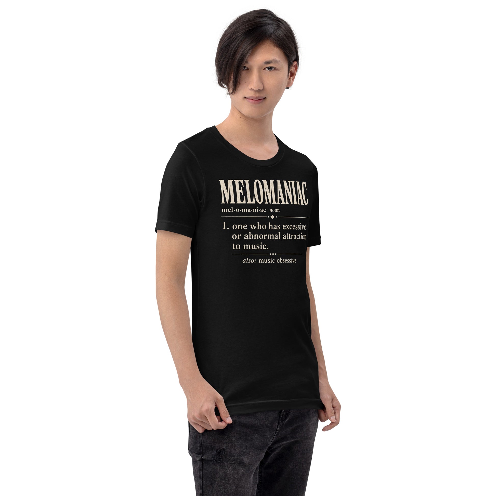 Model wearing black Melomaniac music lover t-shirt with vintage dictionary definition graphic