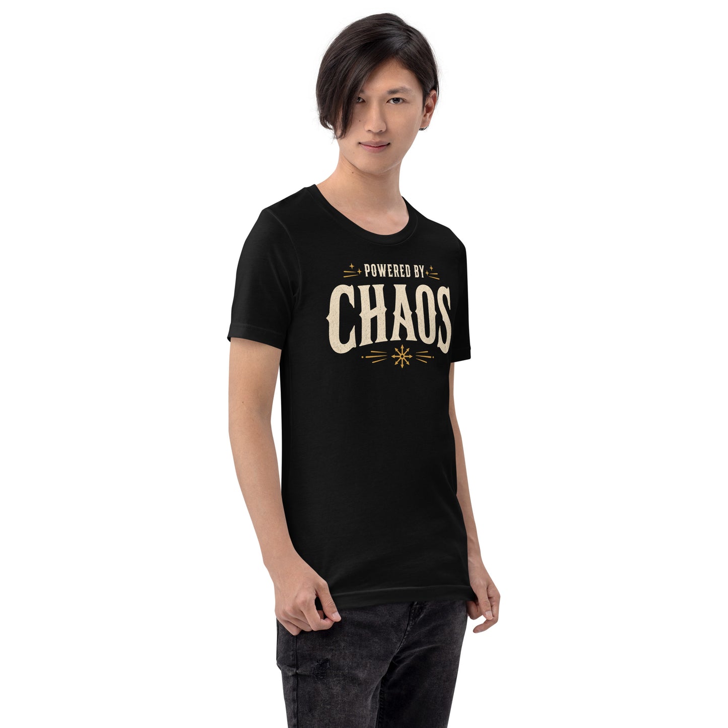 Model wearing black Powered by Chaos t-shirt with vintage typography and chaos magick aesthetic