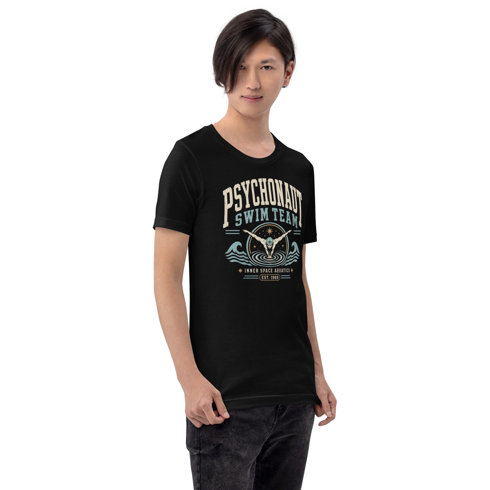 Man wearing black Psychonaut Swim Team t-shirt with retro psychedelic swim club artwork by Cinderpoint Studios