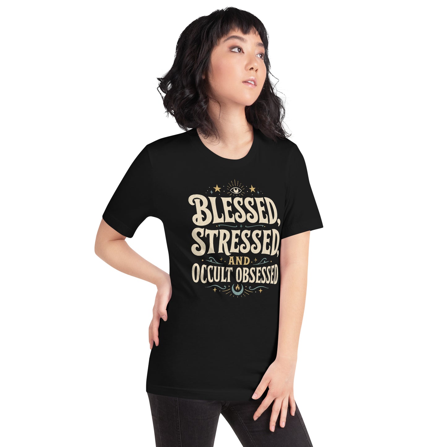 Woman wearing black Blessed Stressed and Occult Obsessed witchy graphic tee with cream lettering and gold accents