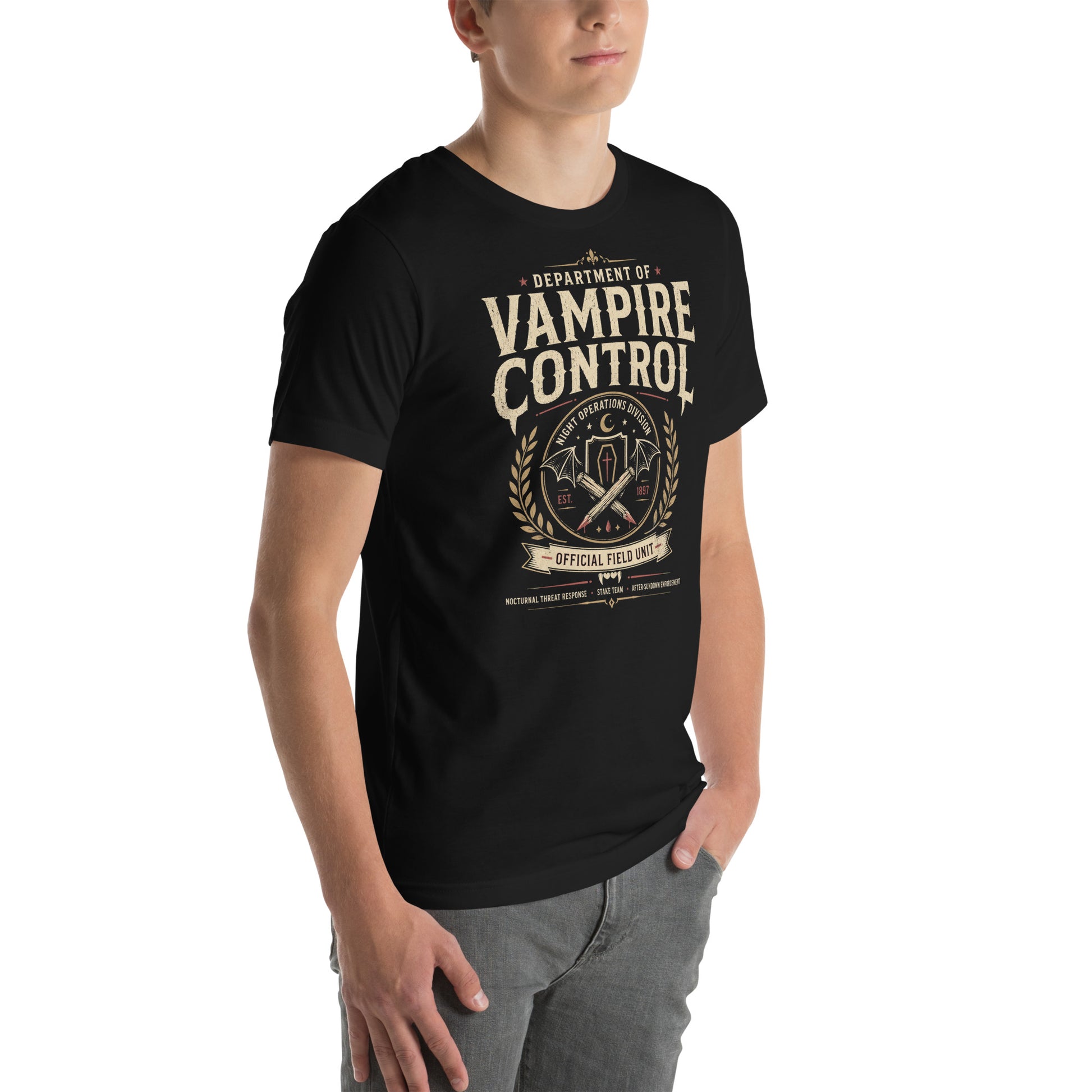 Retro vampire hunter t-shirt featuring crossed wooden stakes, bat wings, coffin symbol, fangs, and night operations division details