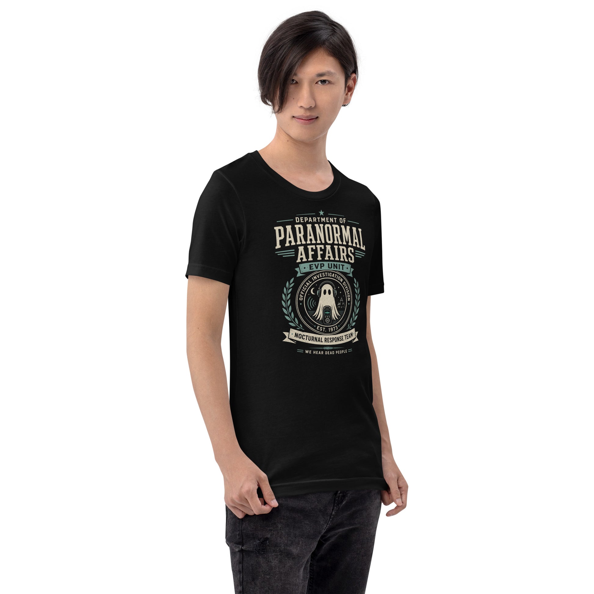 Male lifestyle mockup wearing black Department of Paranormal Affairs t-shirt with EVP ghost hunting graphic by Cinderpoint Studios