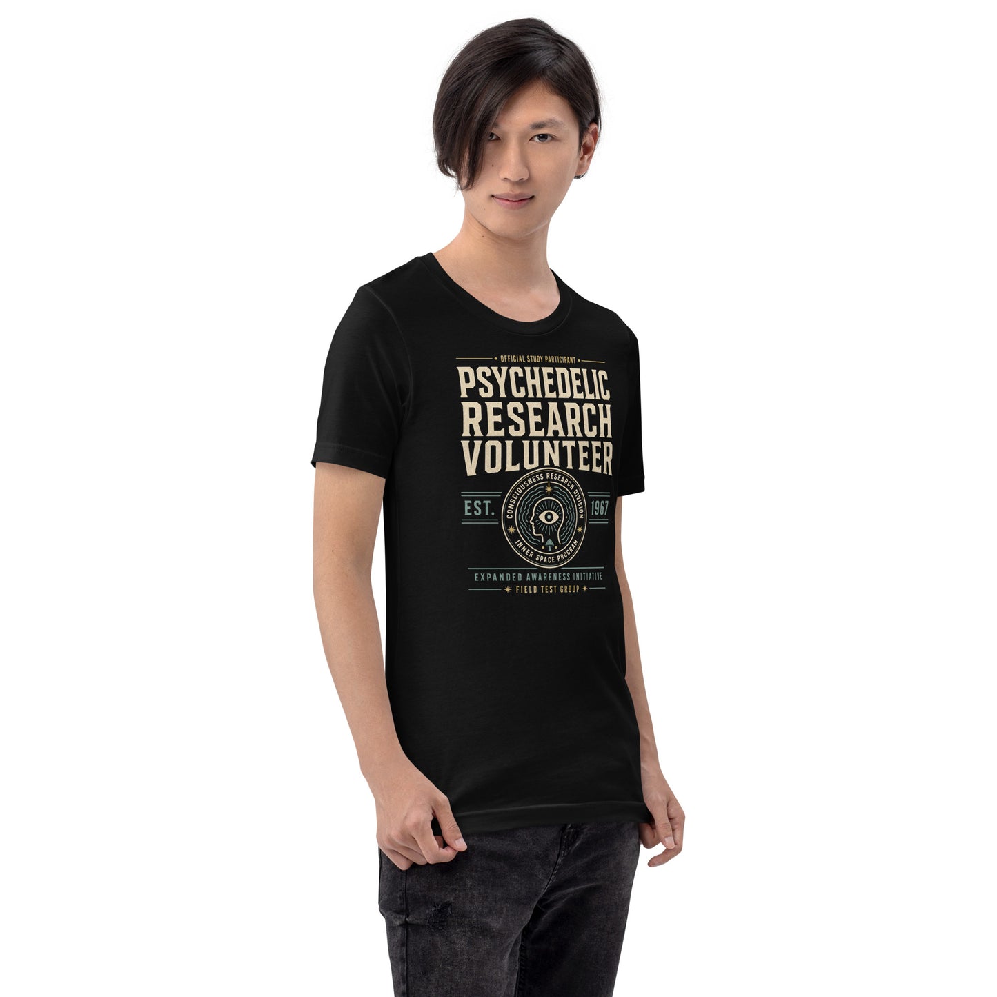Black graphic tee with Psychedelic Research Volunteer retro study-program design by Cinderpoint Studios