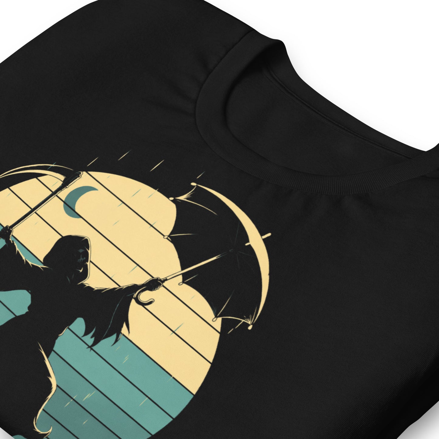 A retro-style graphic t-shirt featuring the Grim Reaper in a tuxedo and top hat, holding an umbrella and dancing in the rain against a vibrant 1980s sunburst backdrop.