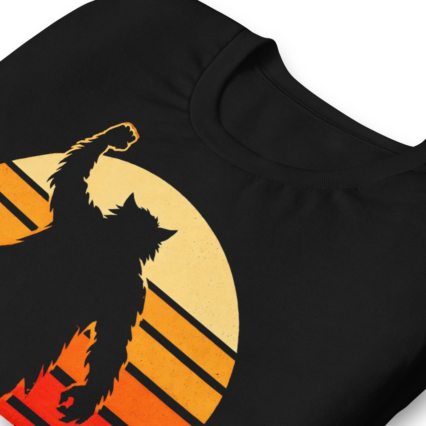 A retro-style graphic t-shirt featuring a werewolf version of Judd Nelson’s character from The Breakfast Club, raising a hairy fist in the air against a vibrant 80s sunburst.