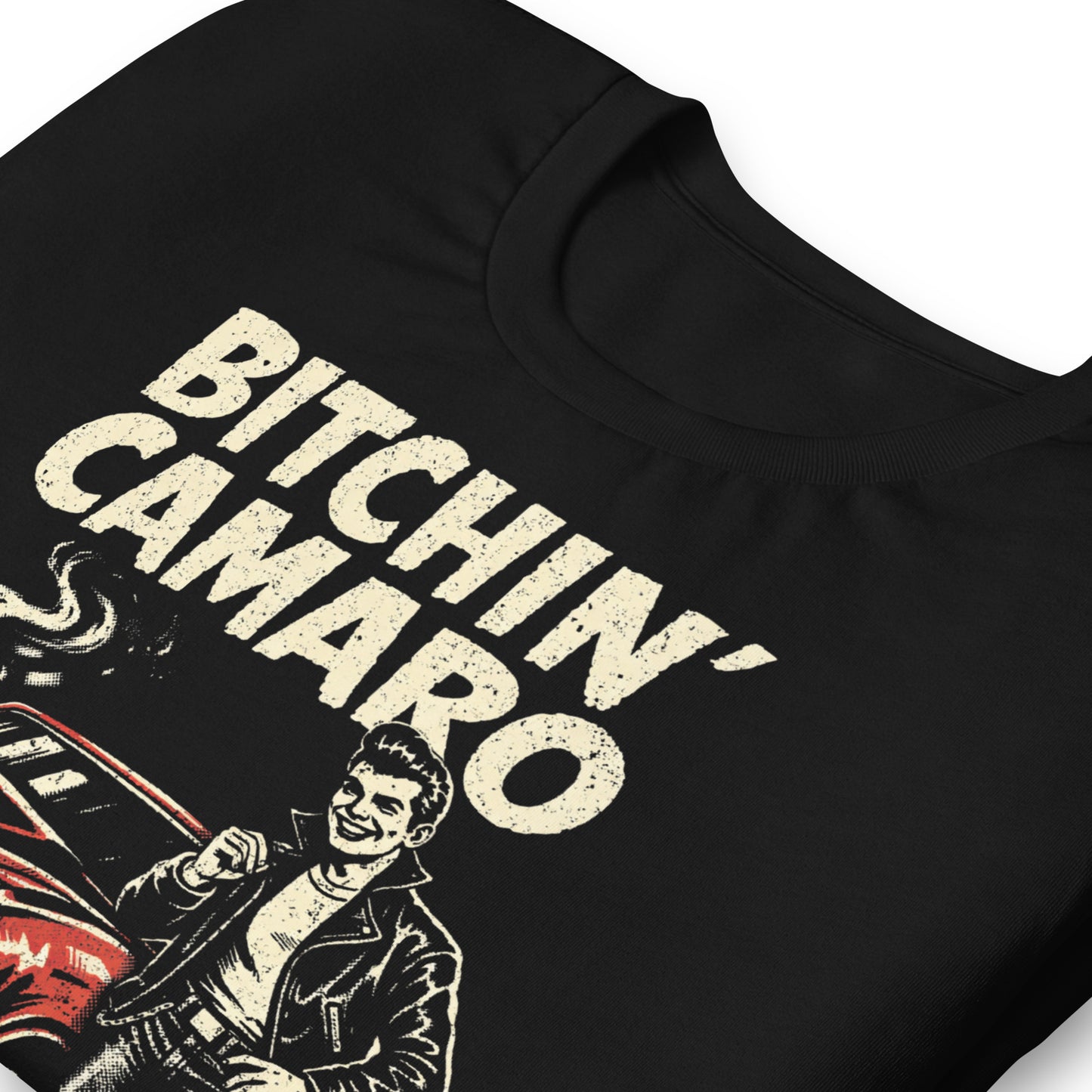 A retro-style graphic t-shirt featuring a stylized vintage Camaro muscle car with "Bitchin Camaro" in bold, distressed punk-rock lettering.
