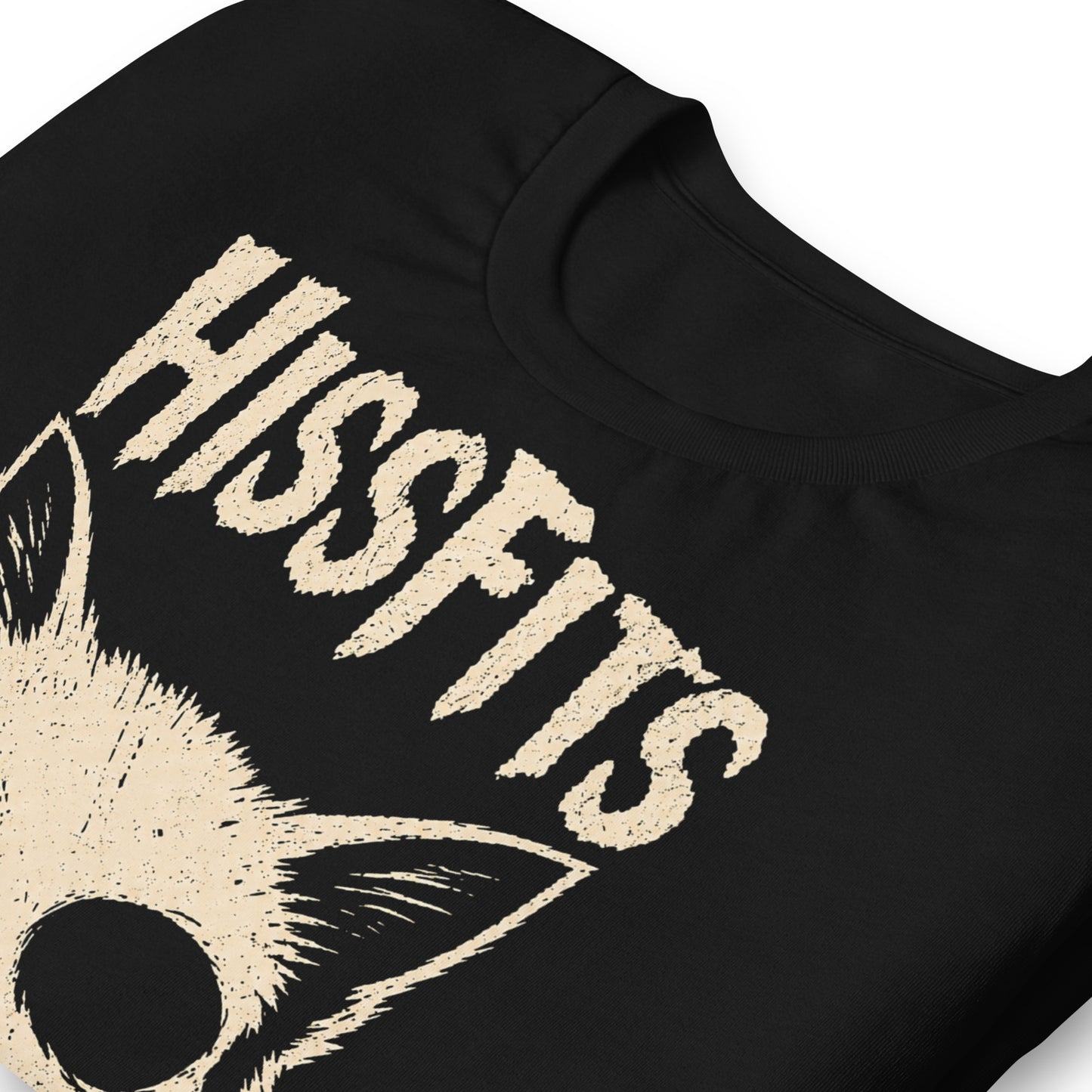 A retro horror-style graphic on a black t-shirt featuring a stylized cat skull with whiskers and pointed ears, with "HISSFITS" in iconic distressed punk-rock lettering.
