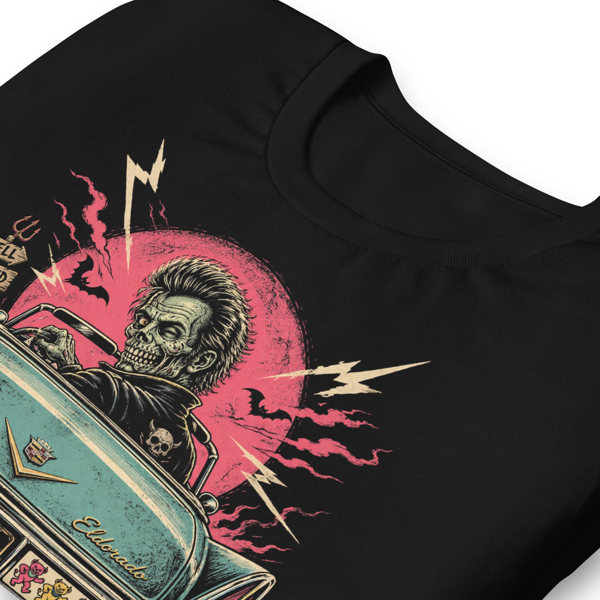  A retro graphic on a black t-shirt featuring a horror punk zombie driver and the rear end of a vintage Cadillac with grateful dead bumper sticker