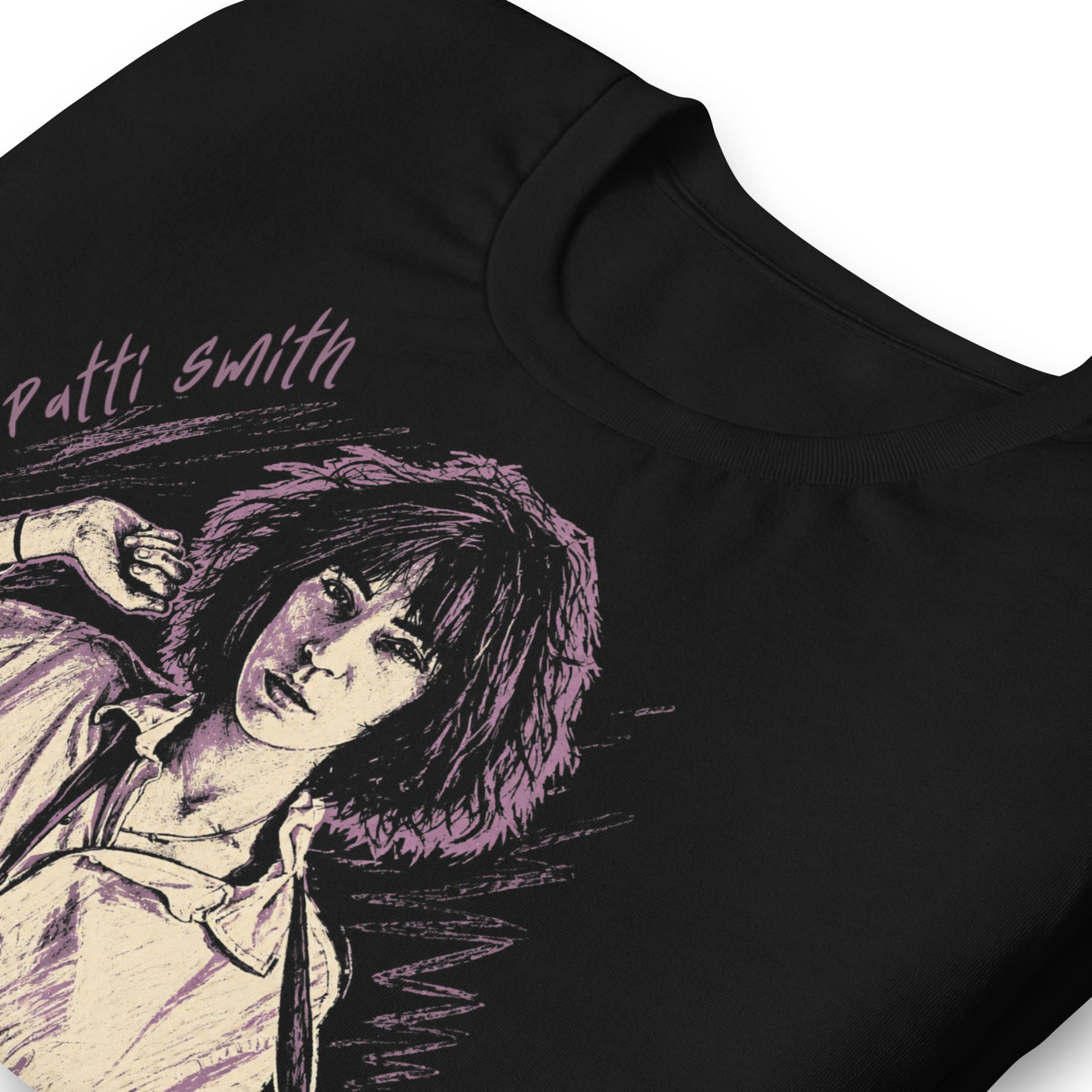 A gritty, high-contrast artistic portrait of Patti Smith on a black t-shirt, capturing her iconic 1970s punk poetess aesthetic.