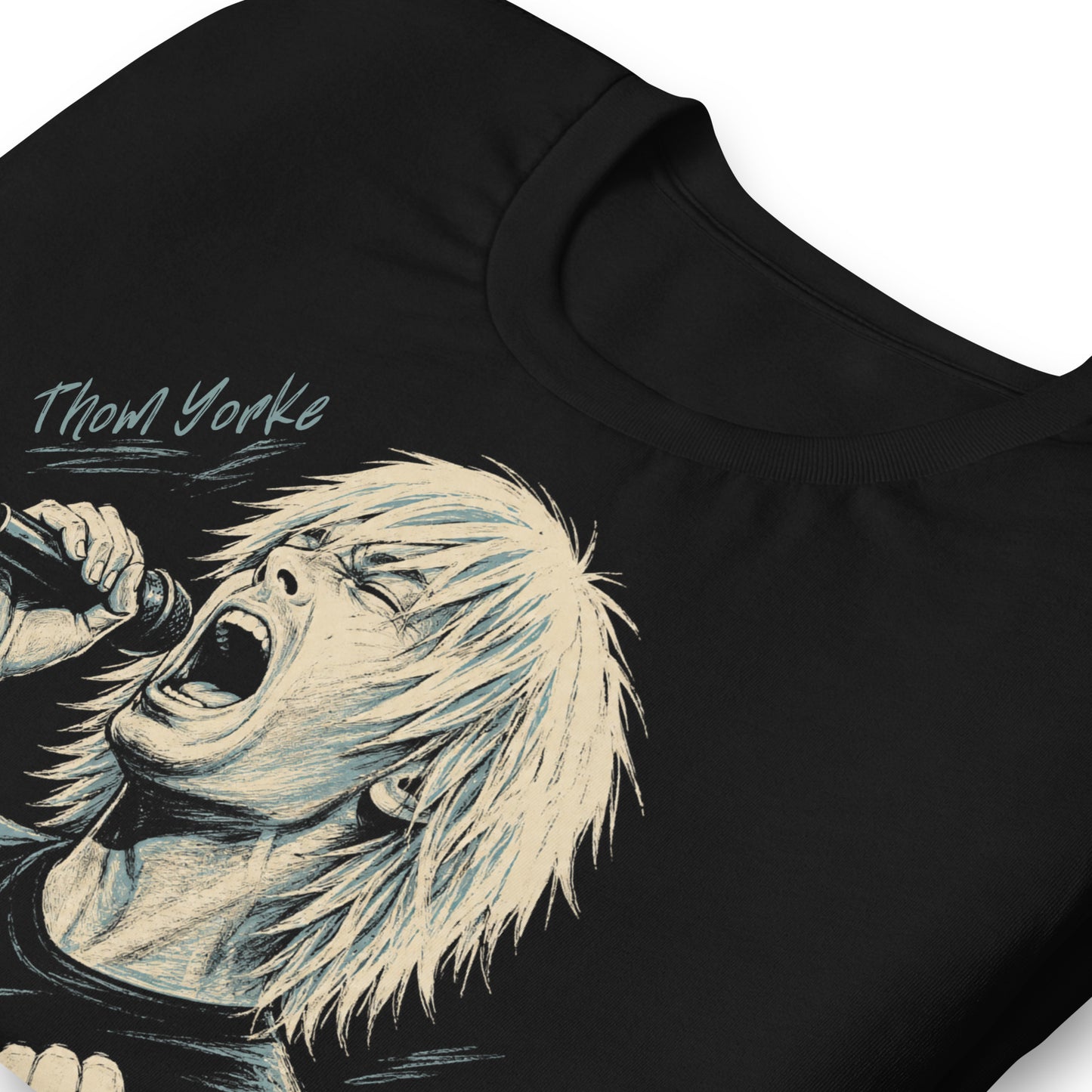 A stylized, high-contrast artistic portrait of Thom Yorke on a black t-shirt, capturing his iconic expressive features and indie rock aesthetic.