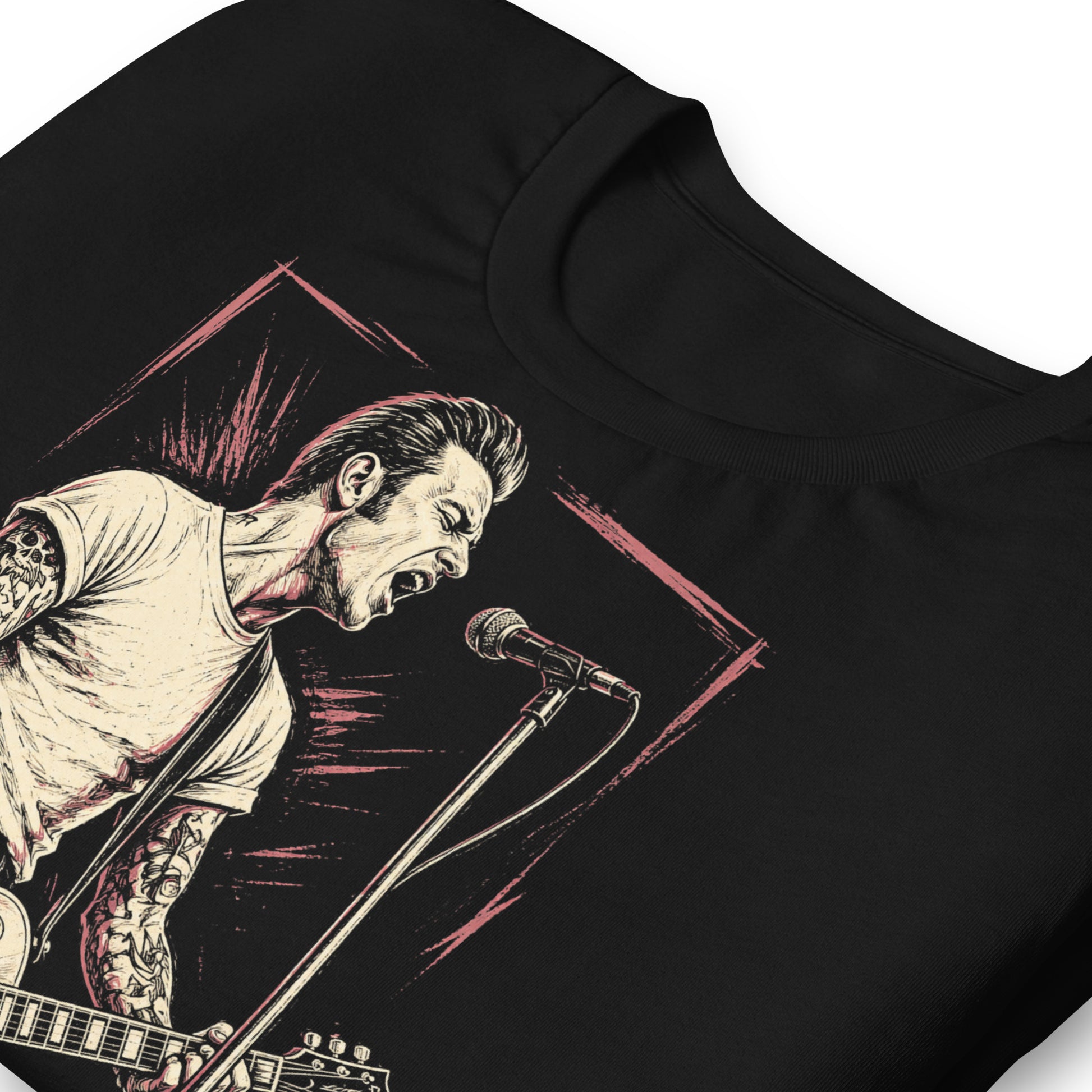 A gritty, high-contrast artistic portrait of Mike Ness on a black t-shirt, featuring his iconic tattoos and 1950s-inspired greaser aesthetic.