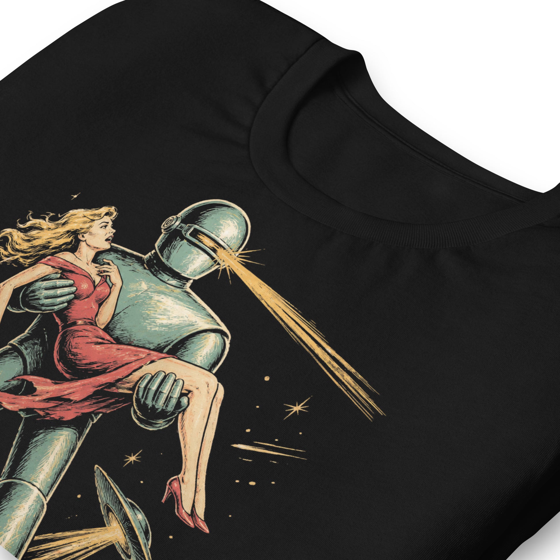 A retro, high-contrast graphic on a black t-shirt featuring the robot Gort from the 1951 film The Day The Earth Stood Still, with a sleek metallic aesthetic