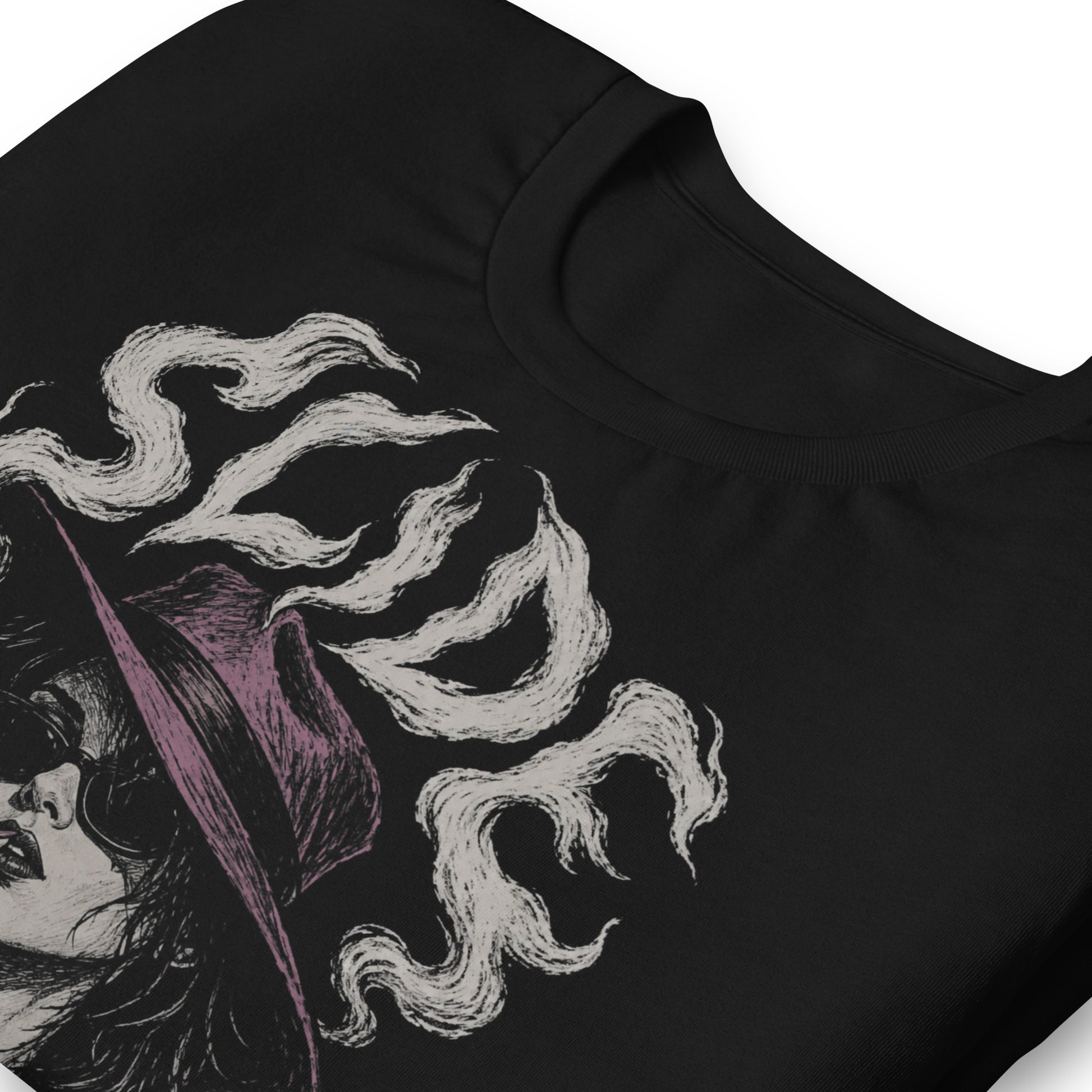 A gritty, high-contrast artistic portrait of Marla Singer on a black t-shirt, featuring her iconic stoic nature, sunglasses, and a cigarette.