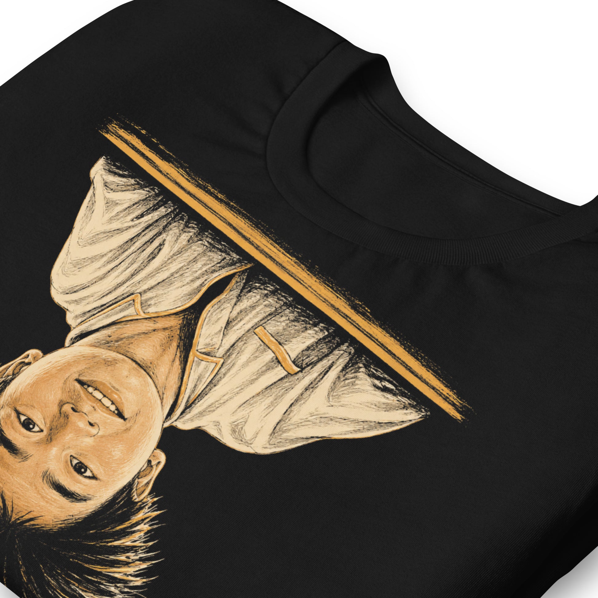 A black t-shirt featuring the iconic image of Long Duk Dong upside down from the scene "What's Happenin Hot Stuff" in the 80s comedy Sixteen Candles.