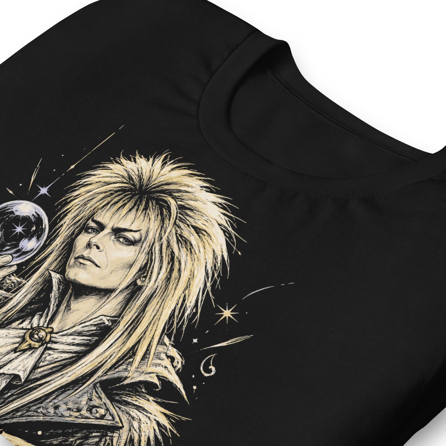 A gritty, high-contrast artistic portrait of Jareth the Goblin King on a black t-shirt, featuring his iconic 80s glam hair and a crystal ball with a starburst.