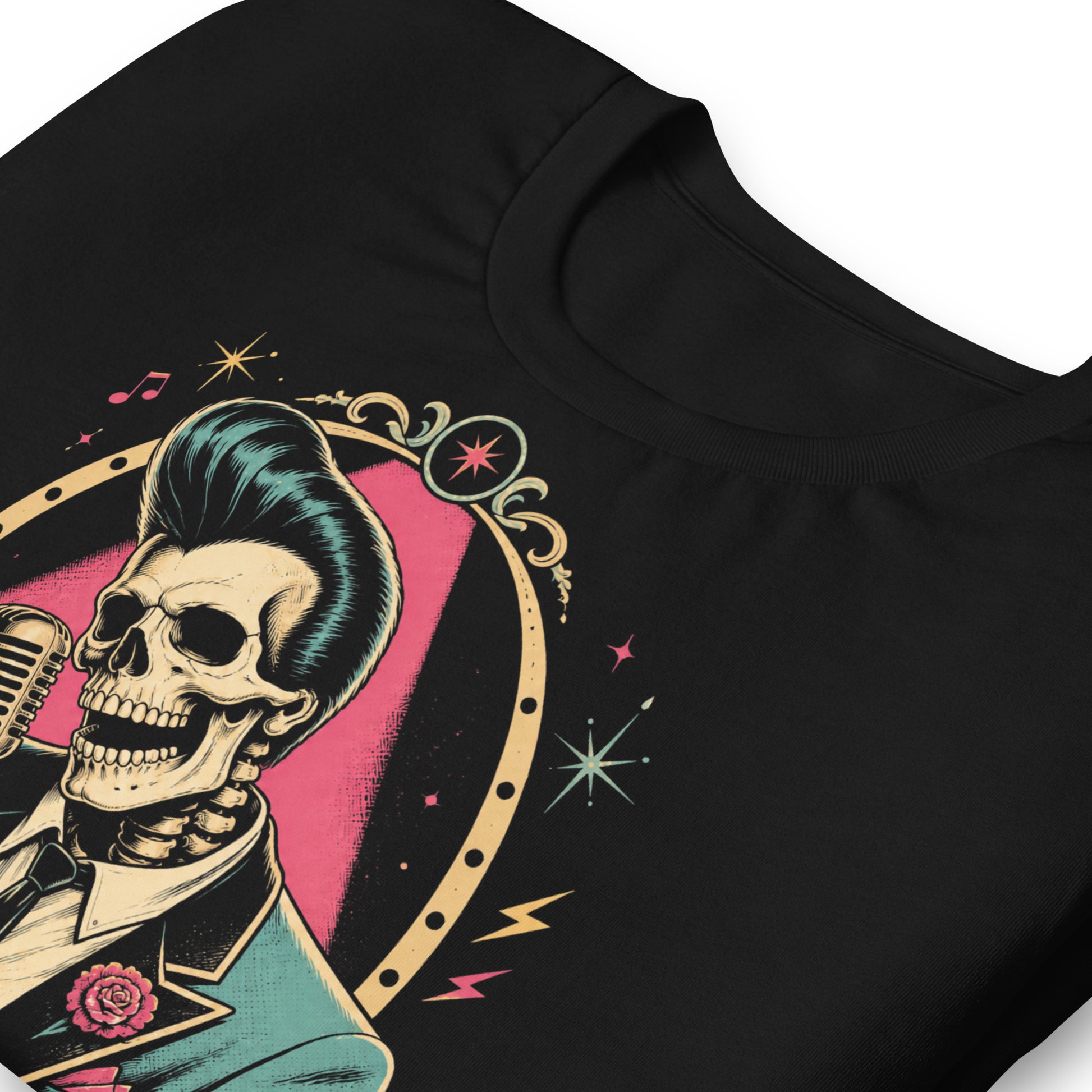 A skeleton with a large pompadour hairstyle wearing a suit and singing into a vintage microphone, set within a decorative gold frame with starbursts.