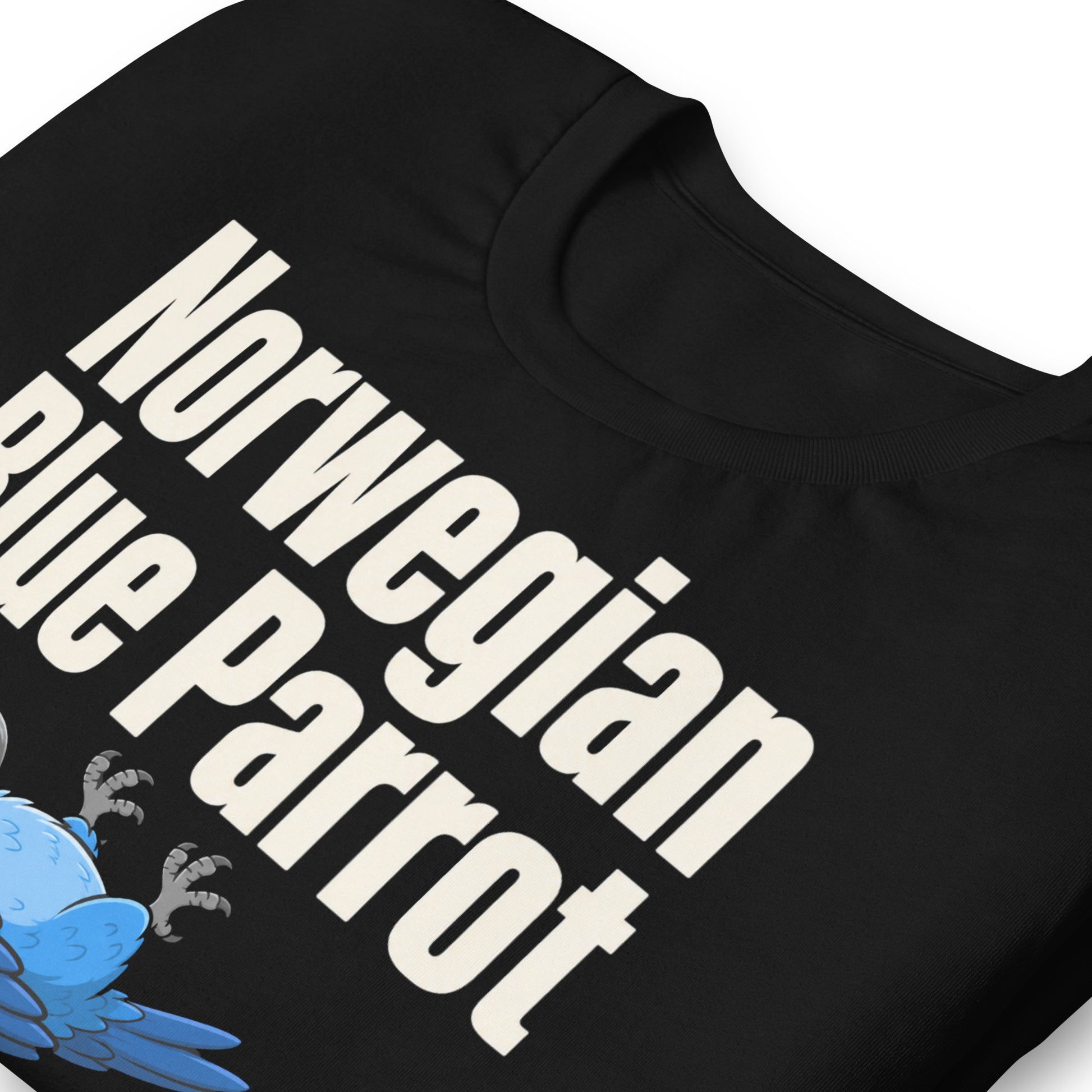 Funny blue parrot t-shirt design with two-star review text reading Beautiful plumage Easily stunned