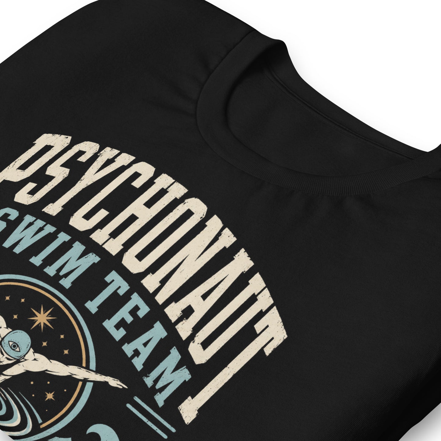 Psychonaut Swim Team t-shirt on black Bella Canvas tee with retro swimmer graphic, waves, and inner space aquatics text