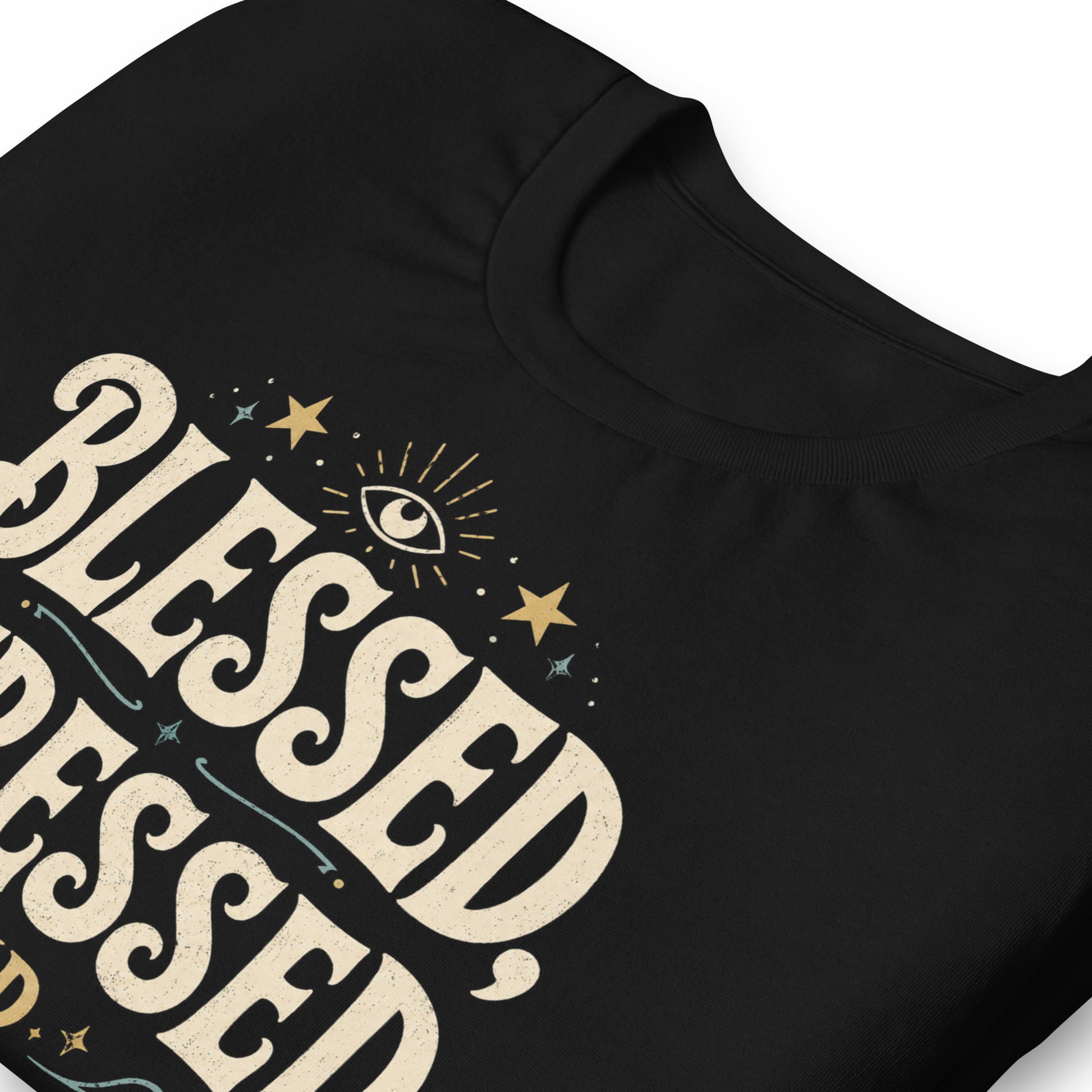 Close-up of Blessed Stressed and Occult Obsessed occult typography shirt with eye, stars, moon, and flame details