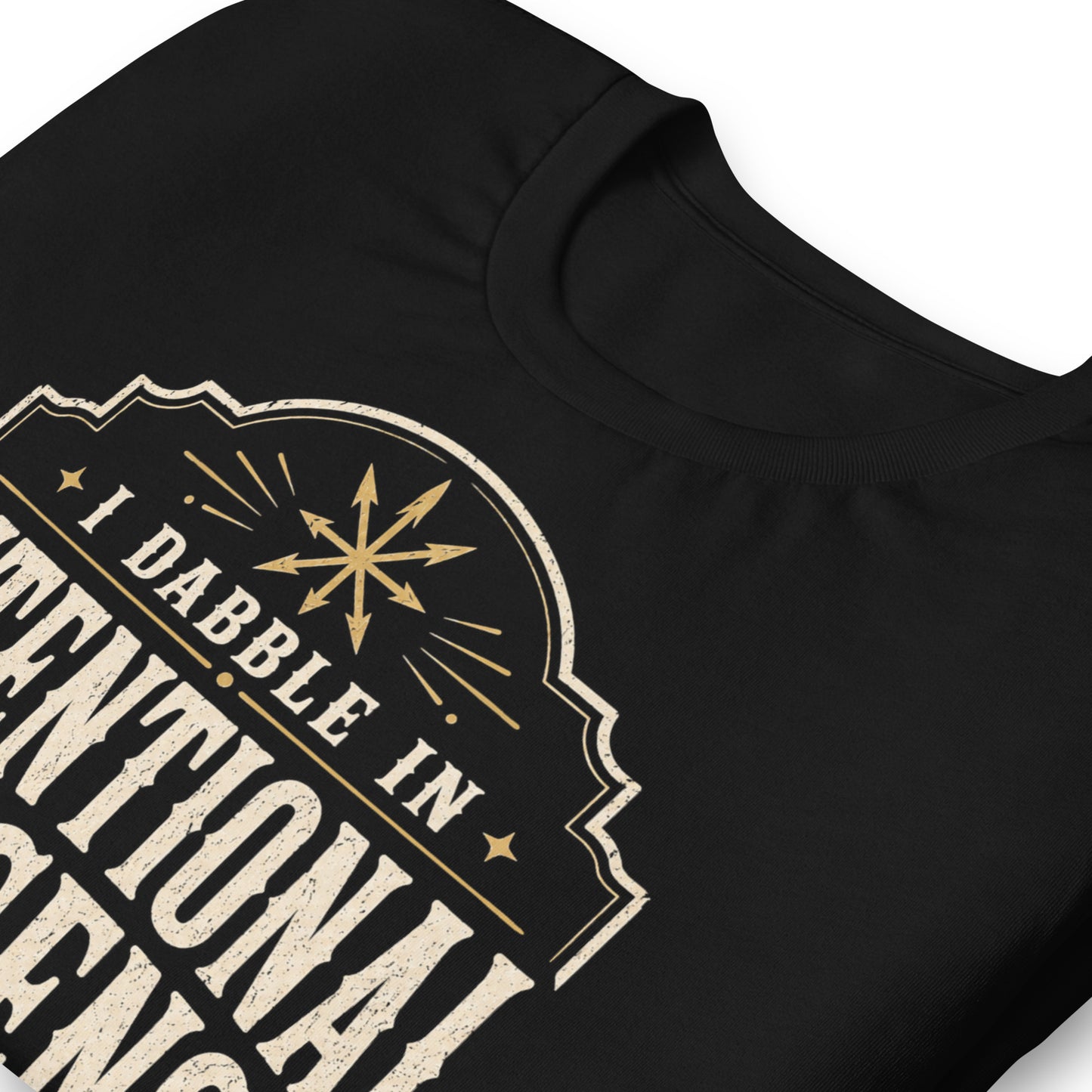 Close-up of Intentional Nonsense occult typography shirt with chaos symbol and vintage inspired framing