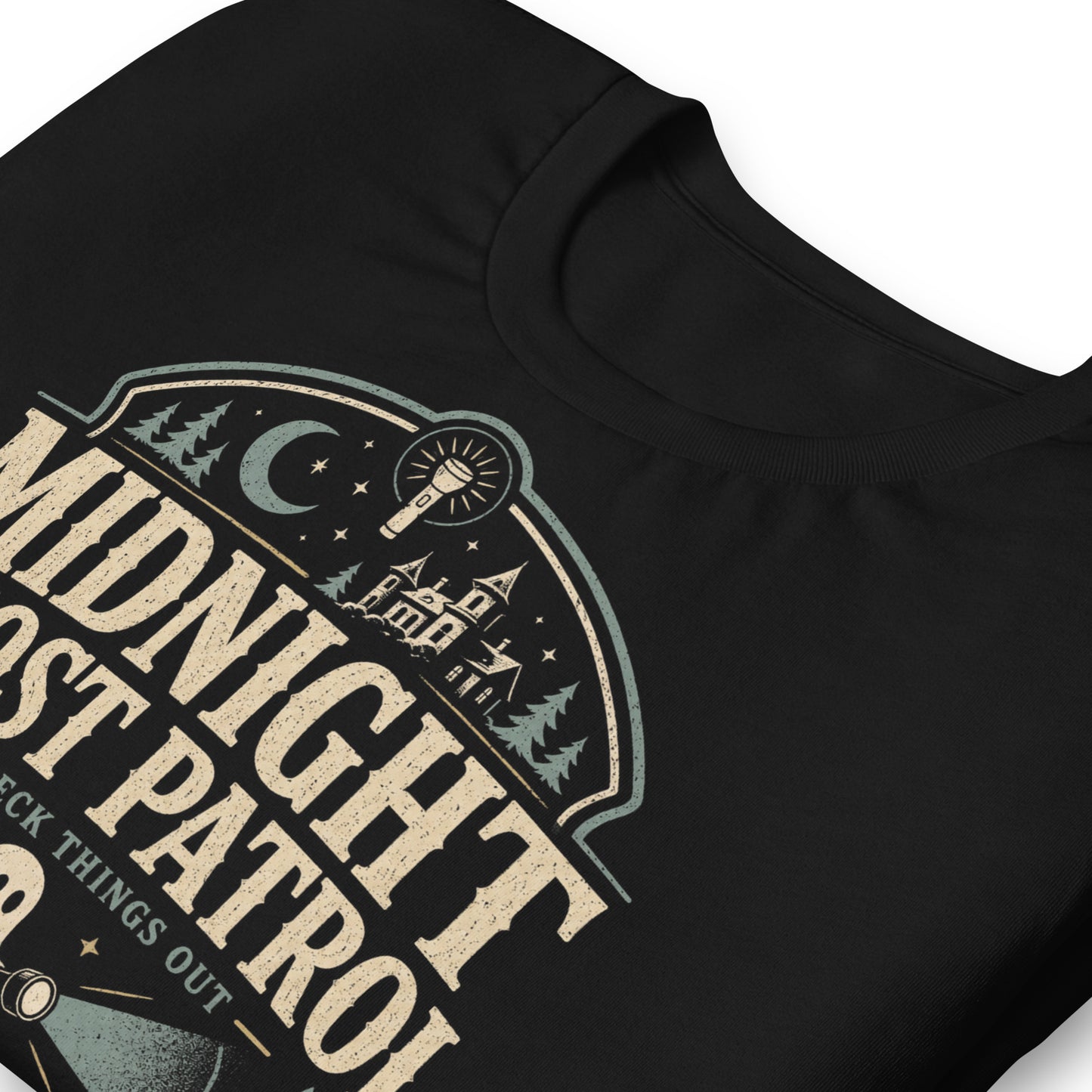 Midnight Ghost Patrol t-shirt design with vintage badge layout, flashlight ghost, haunted house, moon, and paranormal field unit text