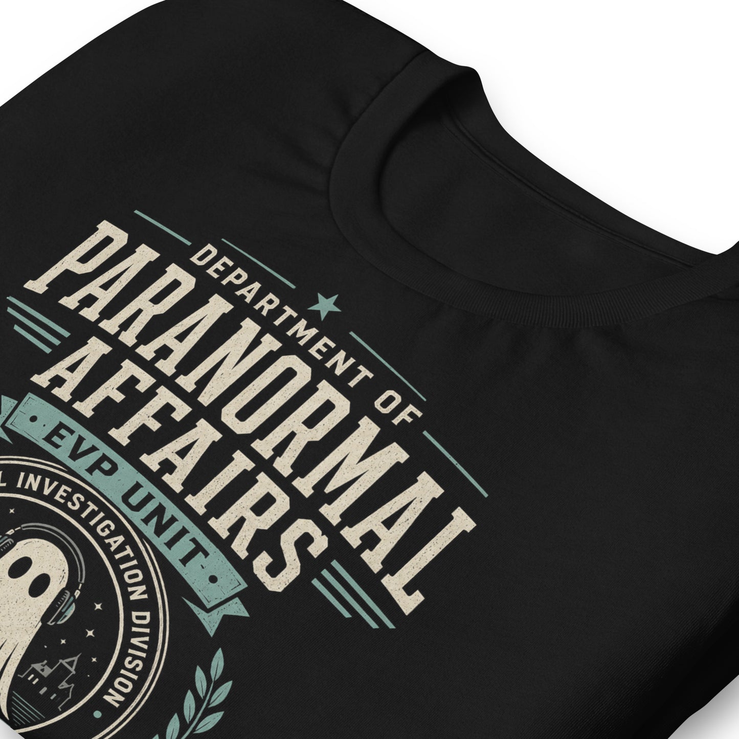 Close-up of Department of Paranormal Affairs t-shirt design with EVP Unit, ghost, audio recorder, and We Hear Dead People text