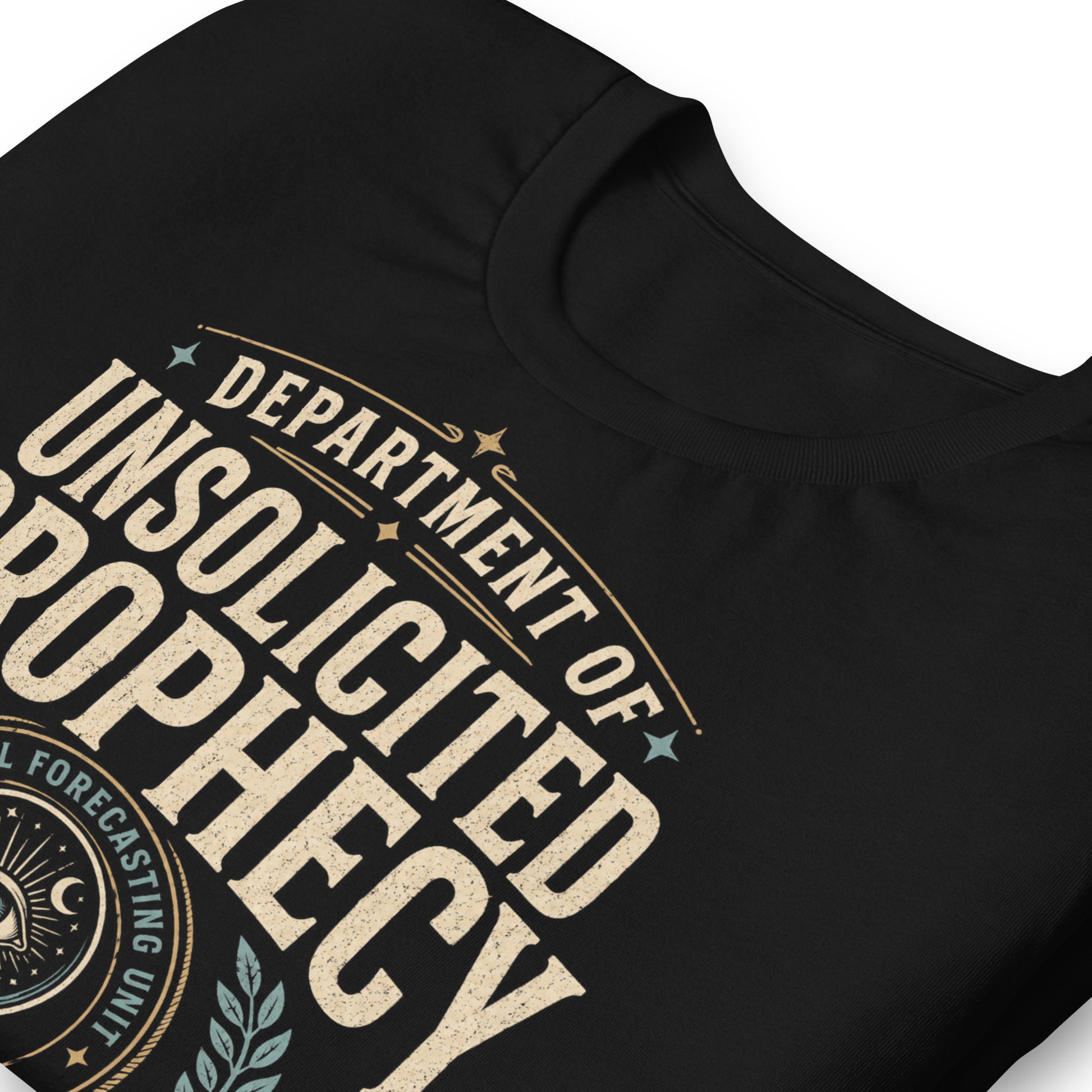 Close-up of Department of Unsolicited Prophecy t-shirt design with future events office text and crystal ball prophecy emblem