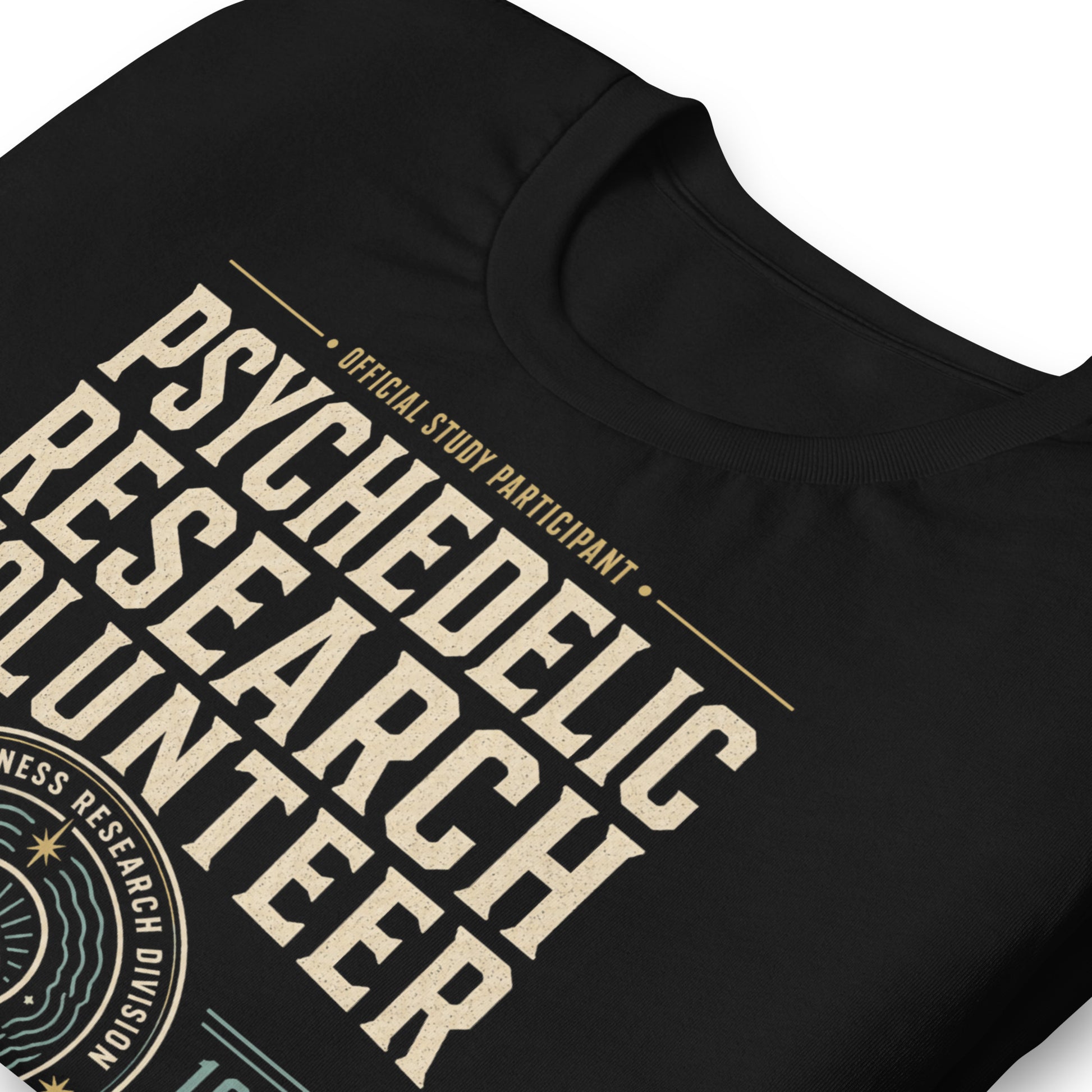 Close-up of Psychedelic Research Volunteer t-shirt design with inner space program emblem and consciousness research division text