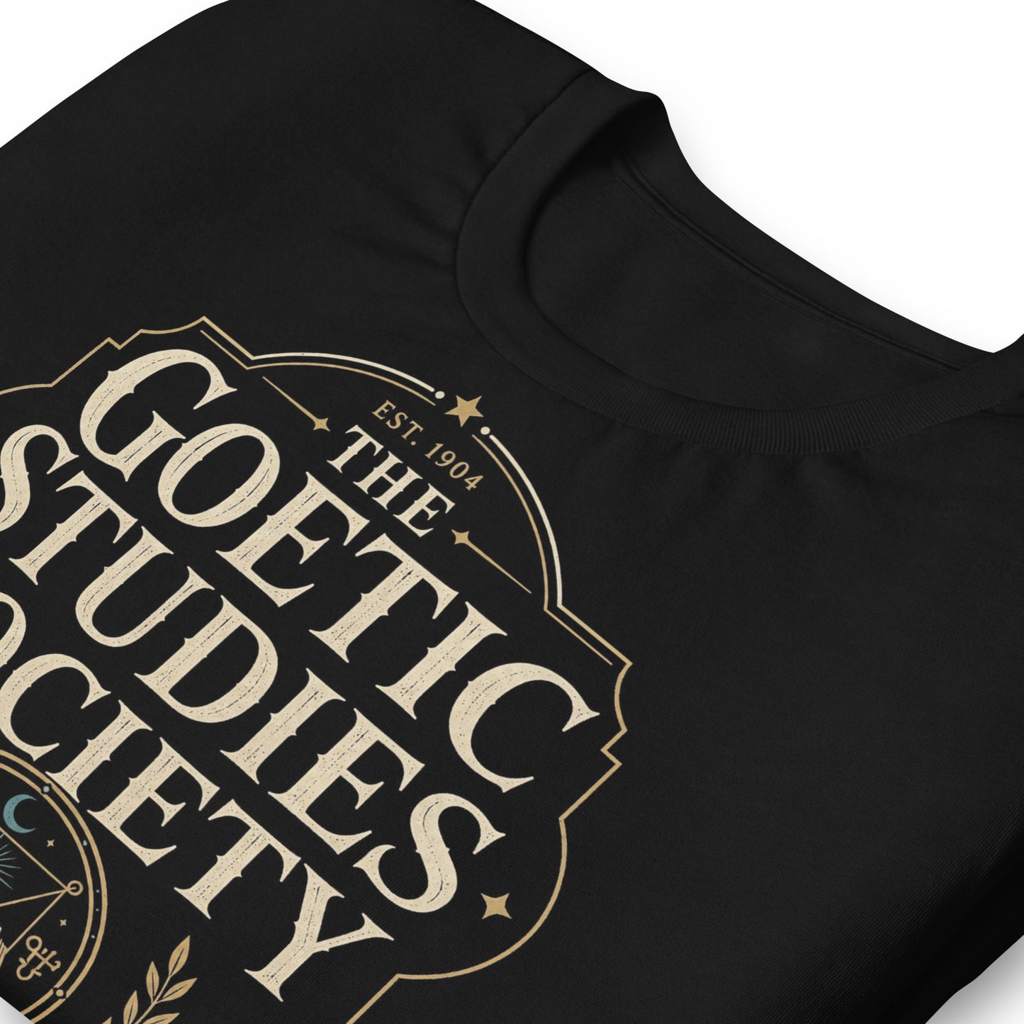 Close-up of The Goetic Studies Society t-shirt design with ceremonial research chapter banner and know thy entities text