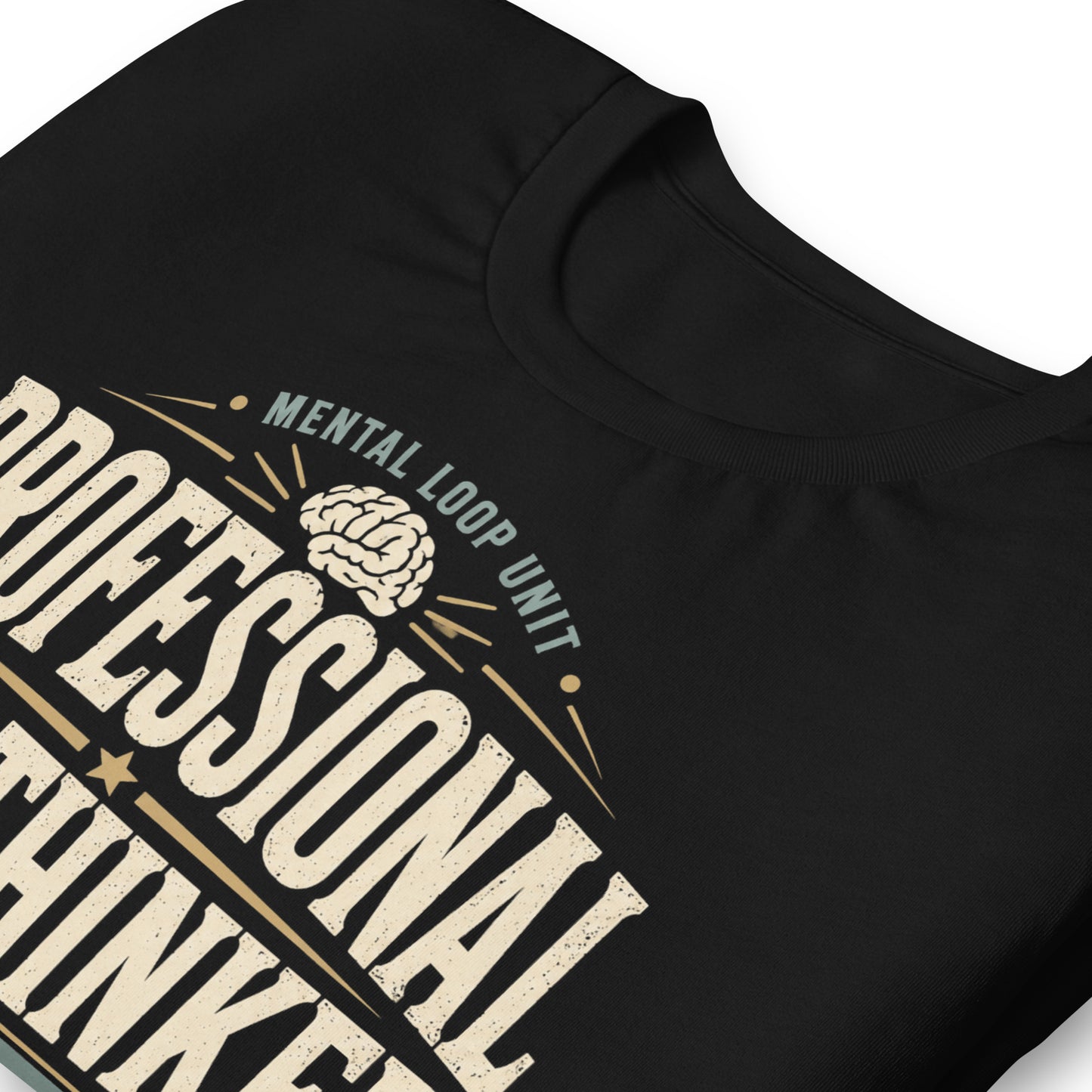 Black graphic tee featuring original Cinderpoint Studios artwork for Professional Overthinker, a retro badge-style design with bold vintage lettering, a brain graphic, and text including Mental Loop Unit, Certified Worst-Case Specialist, and Reliving the Past Since 1983.
