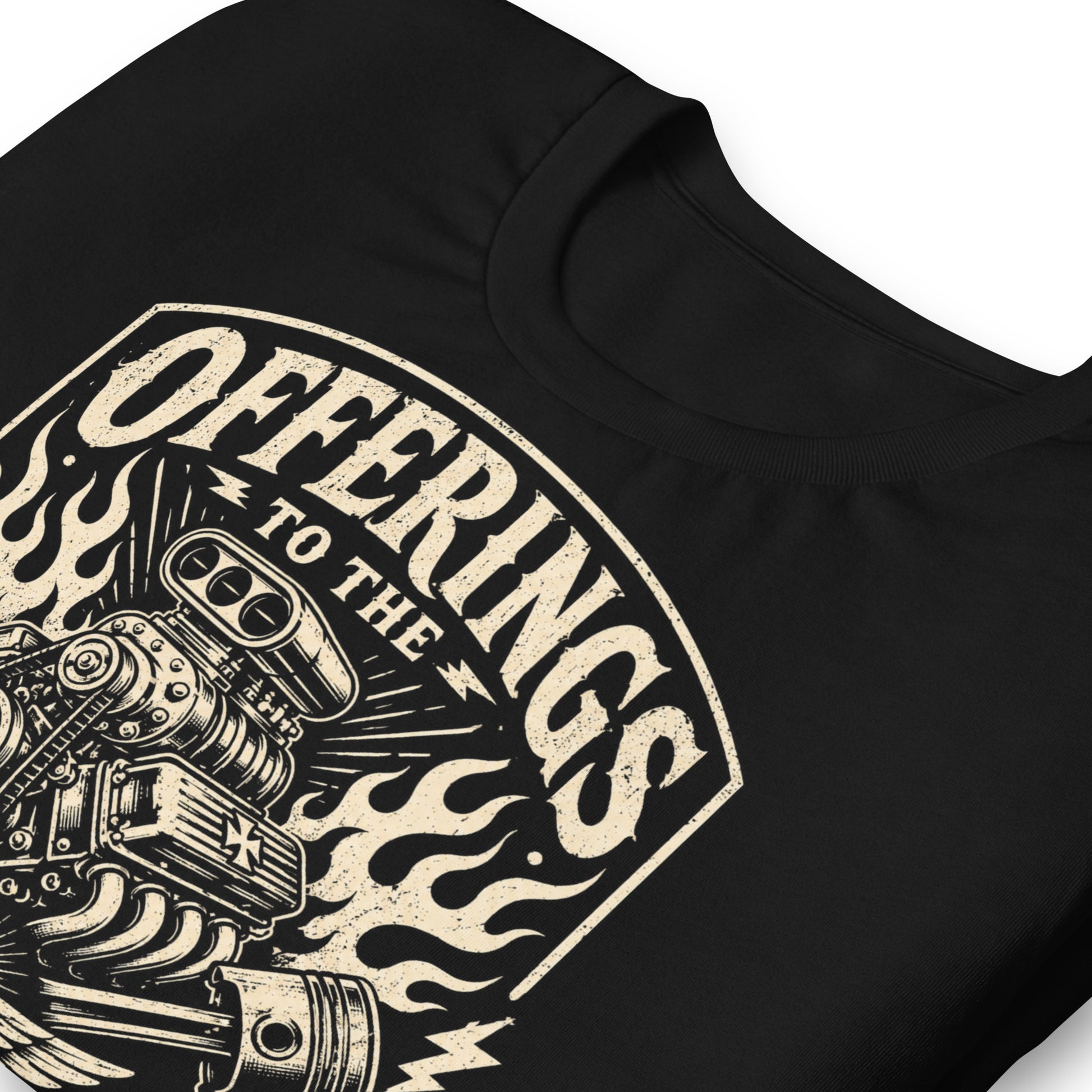 Black graphic tee featuring original Cinderpoint Studios artwork for Offerings to the God of Speed, a one-color retro gearhead design with a supercharged V8 engine, crossed pistons, winged spark plug, flames, lightning bolts, and vintage hot rod lettering.