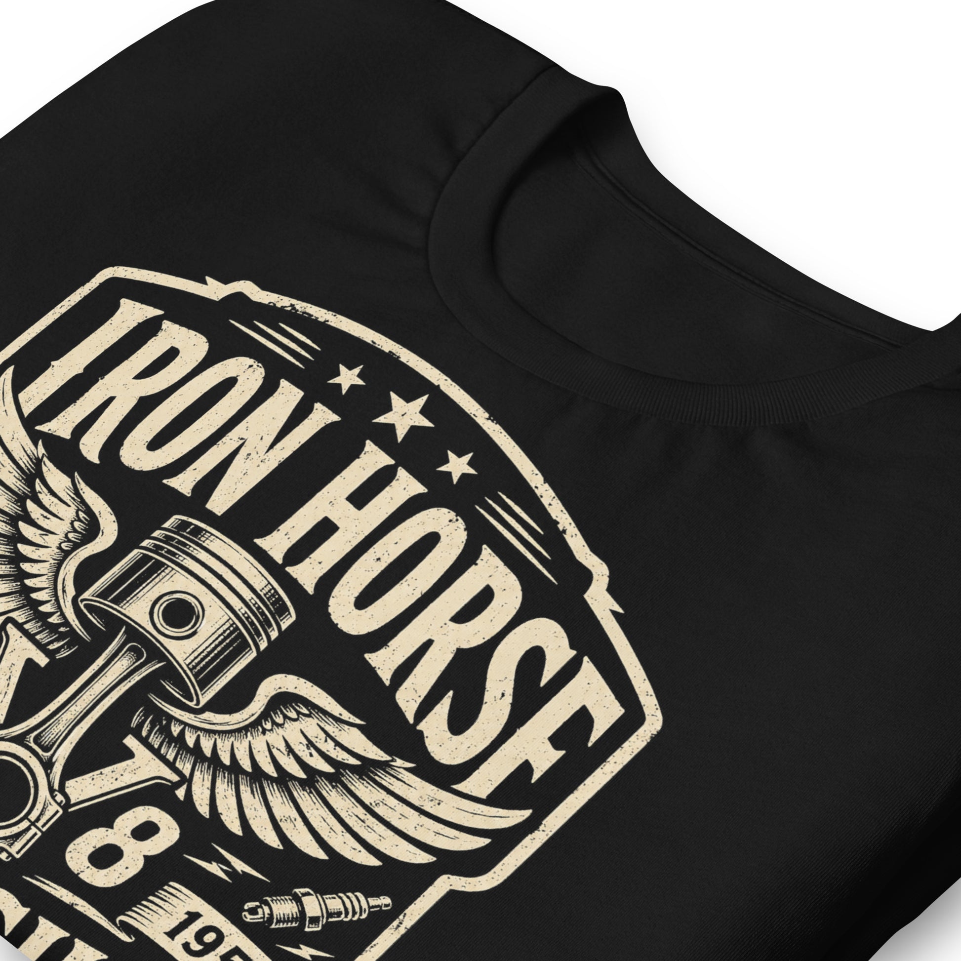 A black graphic tee featuring original Cinderpoint Studios artwork for Iron Horse Speed Shop, a one-color retro garage badge design with winged piston artwork, spark plugs, stars, banner details, V8 text, and Built Low Run Hard lettering.