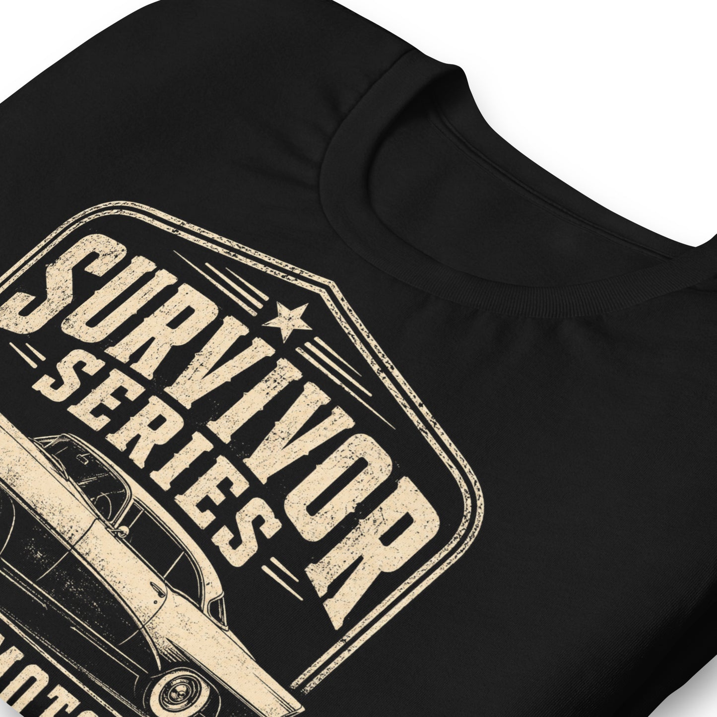 Black graphic tee featuring original Cinderpoint Studios artwork for Survivor Series Classic Motors, a one-color vintage car badge design with a classic car profile, bold retro lettering, laurel accents, and Preserved Protected Driven text.