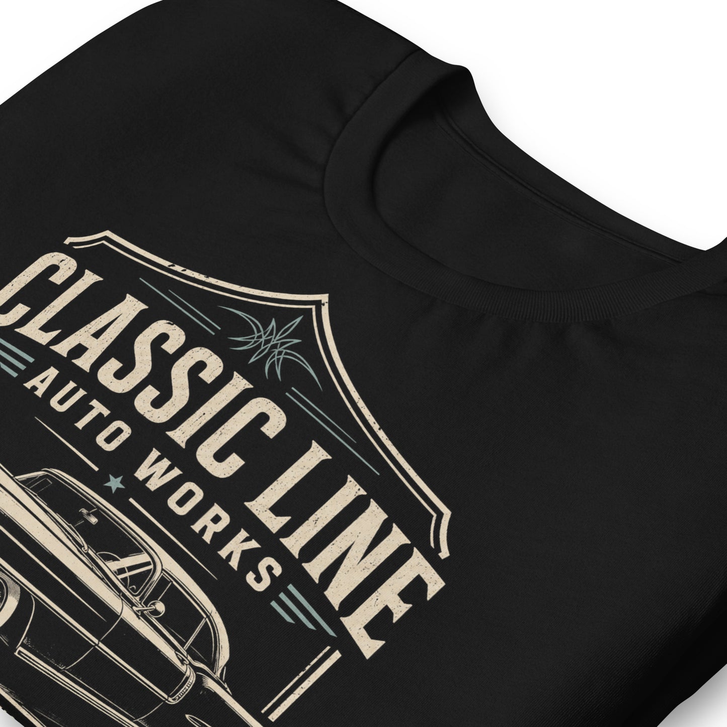 A black graphic tee featuring original Cinderpoint Studios artwork for Classic Line Auto Works, a vintage restoration shop design with a 1950s-style classic car, bold lettering, badge-style frame, and text including Restoration Detail Custom Finish and American Cars & Trucks.