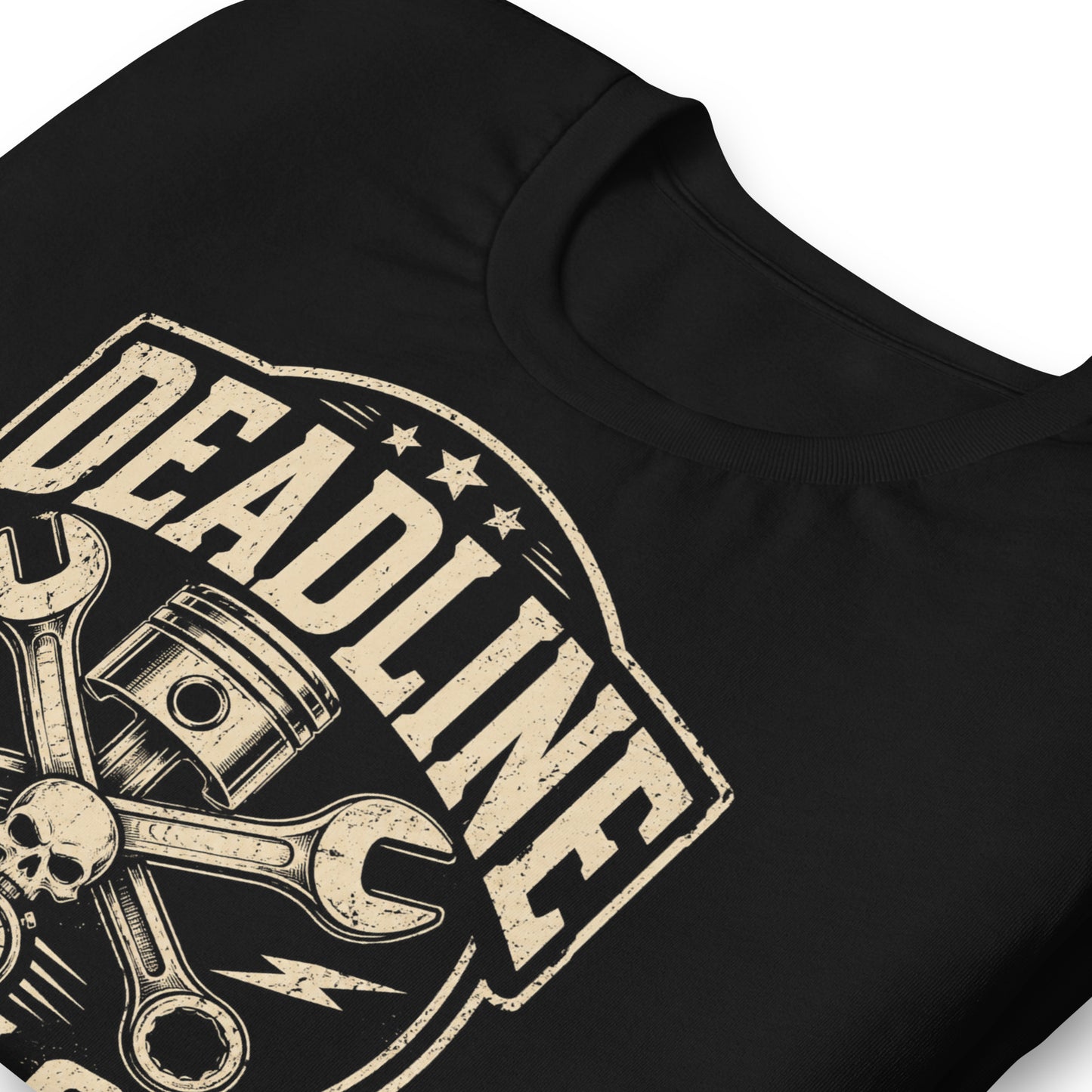 A black graphic tee featuring original Cinderpoint Studios artwork for Deadline Garage, a one-color retro hot rod repair design with bold lettering, piston, crossed wrenches, skull detail, lightning bolts, stopwatch accent, and Full Service Hot Rod Repair text.